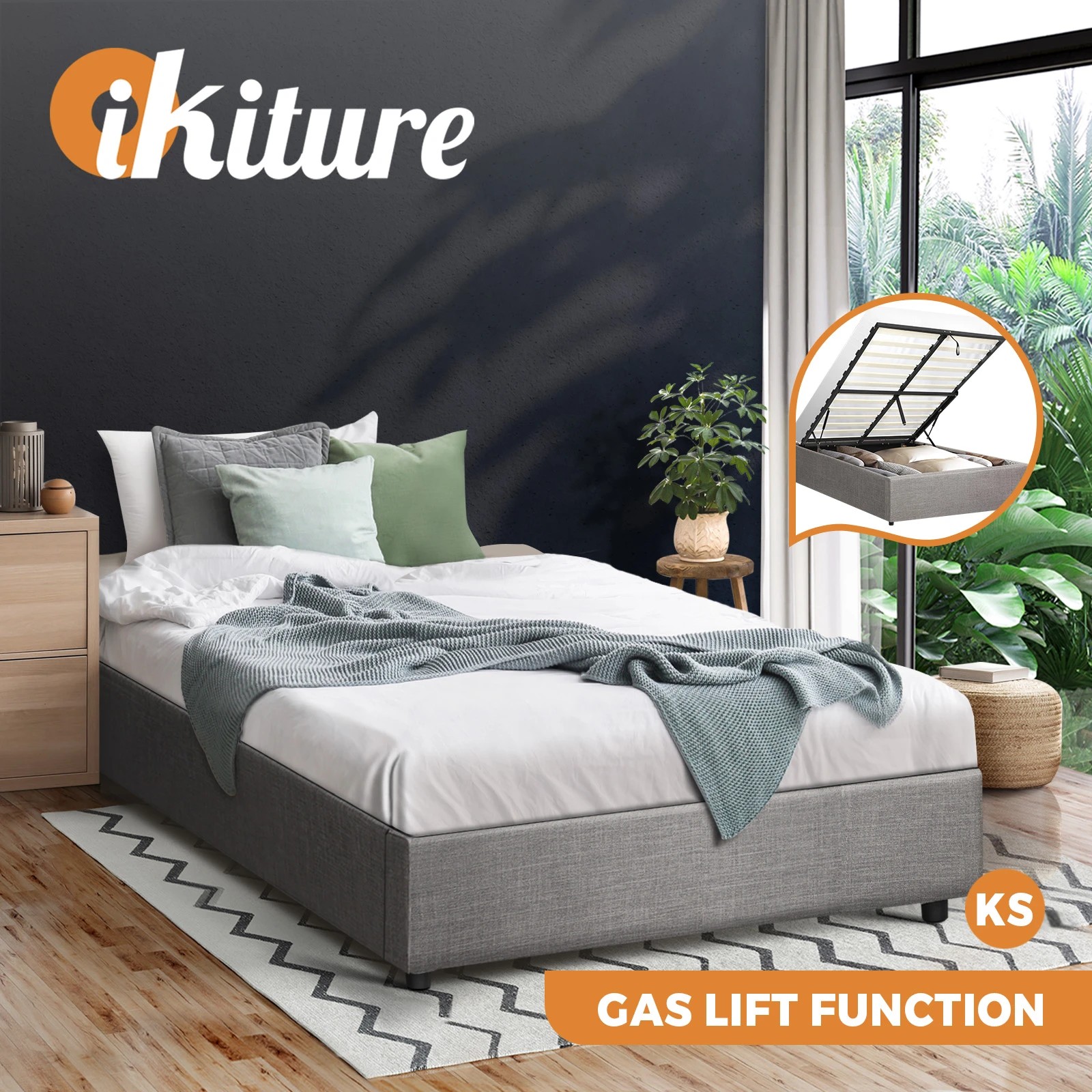 2 Oikiture Bed Frame King Single Size Gas Lift Base With Storage
 - Grey, 2 of 10