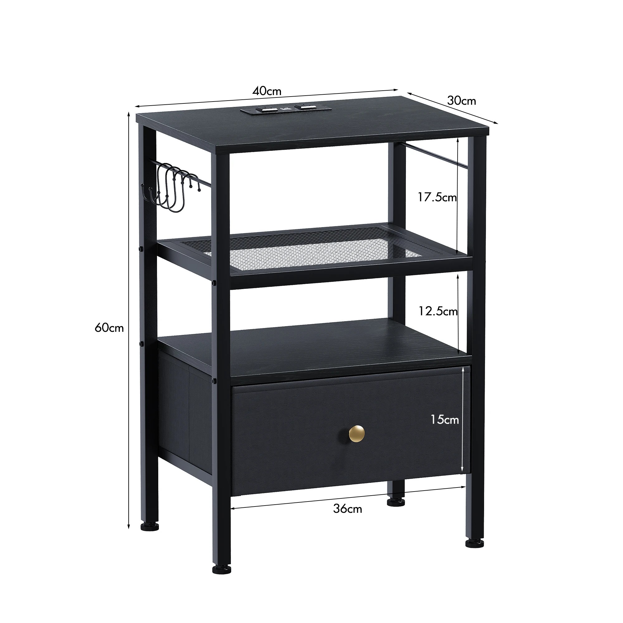 3 Advwin Bedside Table with Fabric Drawer Charging Station LED Lights - Black, 3 of 5