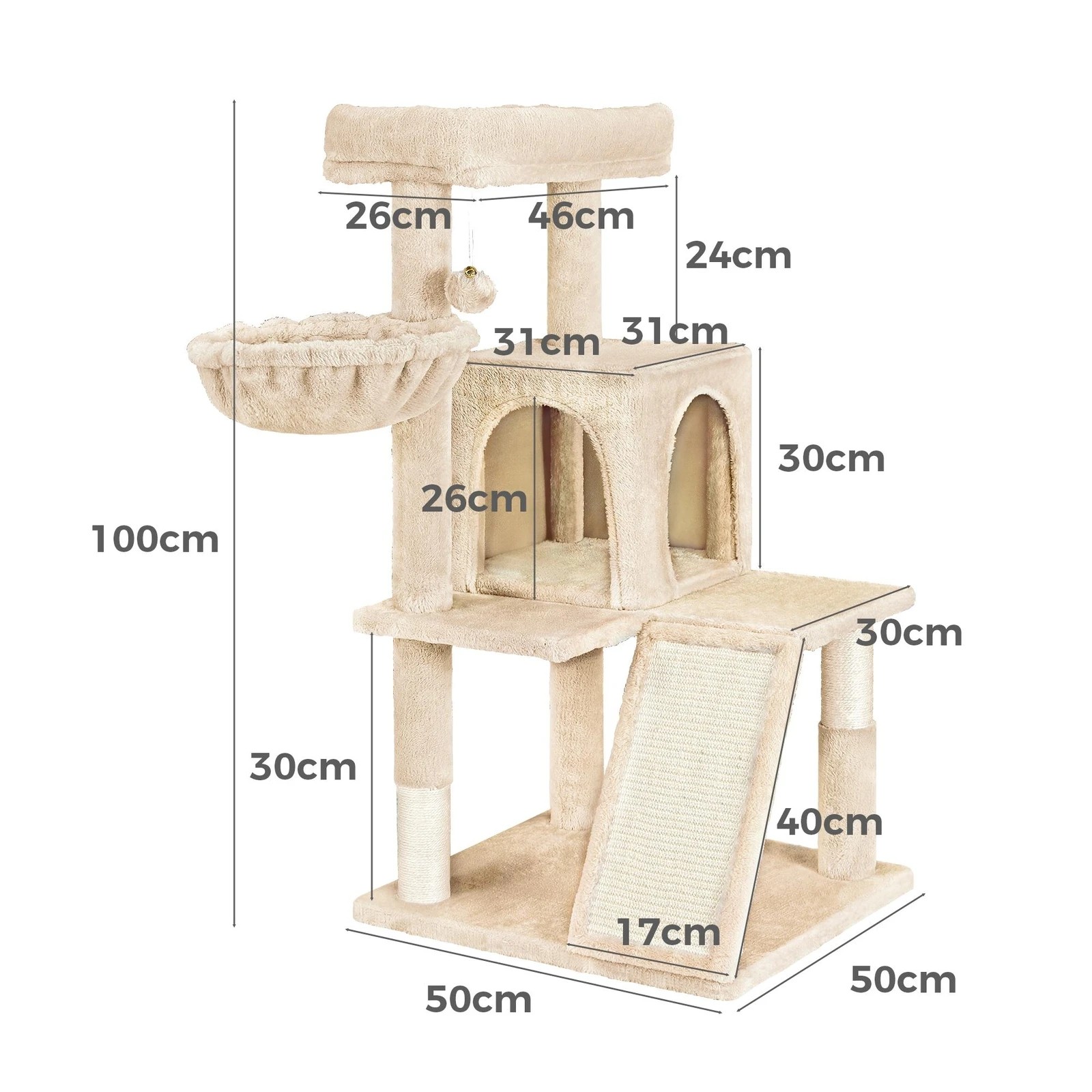 3 Beastie Cat Tree Scratching Post Scratcher Tower Condo House Furniture Wood 100cm - Beige, 3 of 7