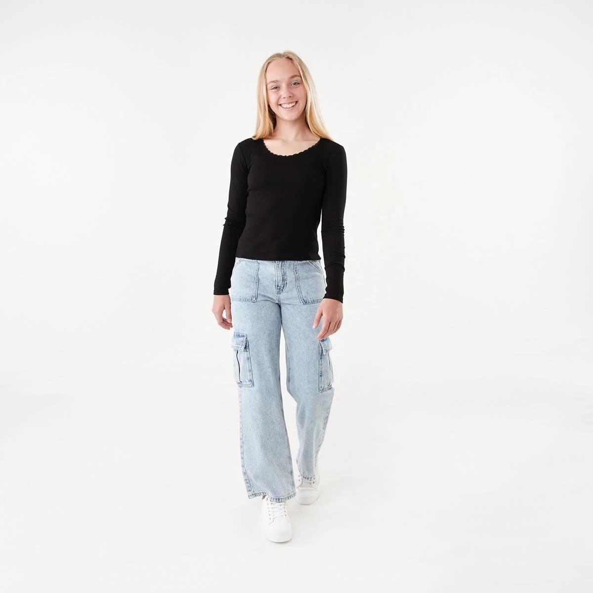 5 Long Sleeve Rib Top with Lace Black, 5 of 8
