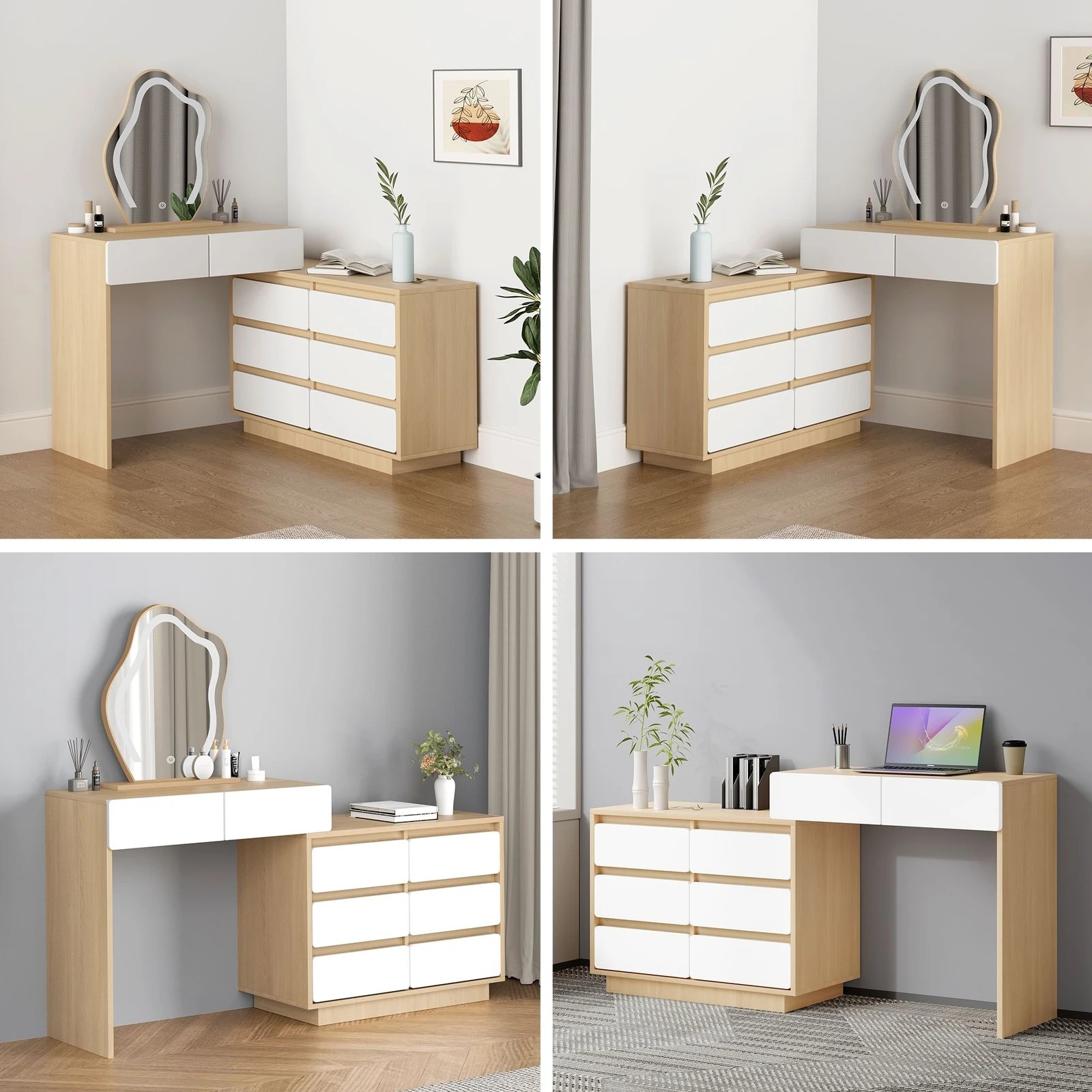 3 Alfordson Dressing Table Stool Set Makeup Mirror Desk LED 8 Drawers - Oak, 3 of 10