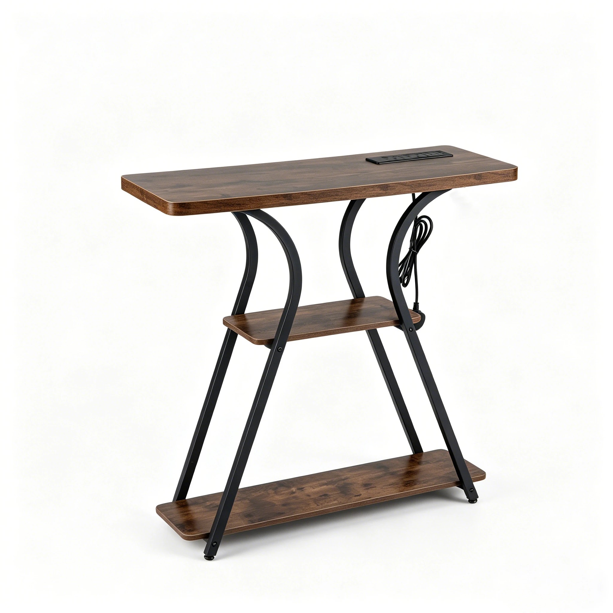 1 Costway 3-Tier Console Table w/Power Outlets LED Narrow Behind Couch Table - Brown, 1 of 2