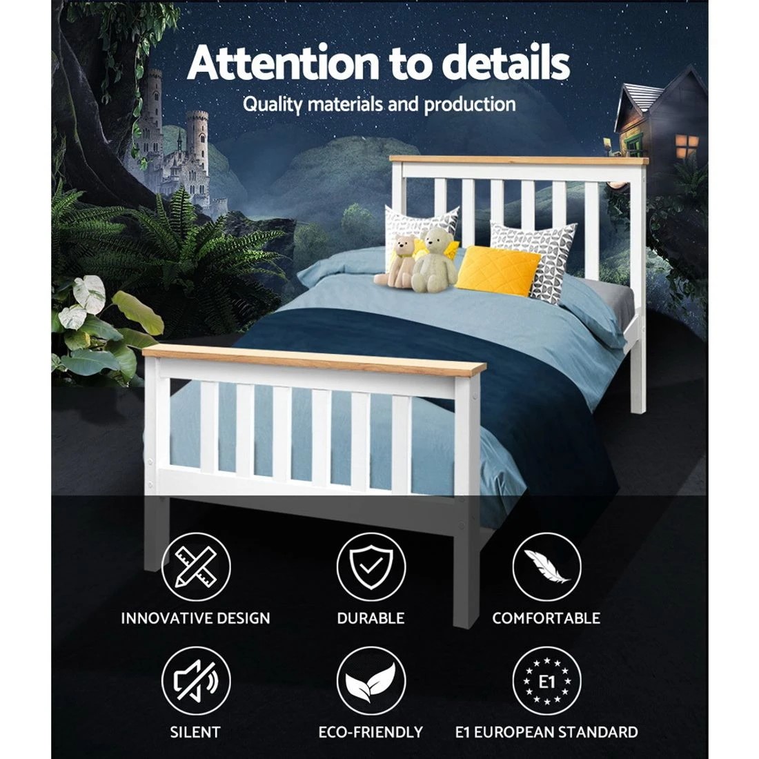 3 Artiss Bed Frame Single Size Wooden  PONY - White, 3 of 9