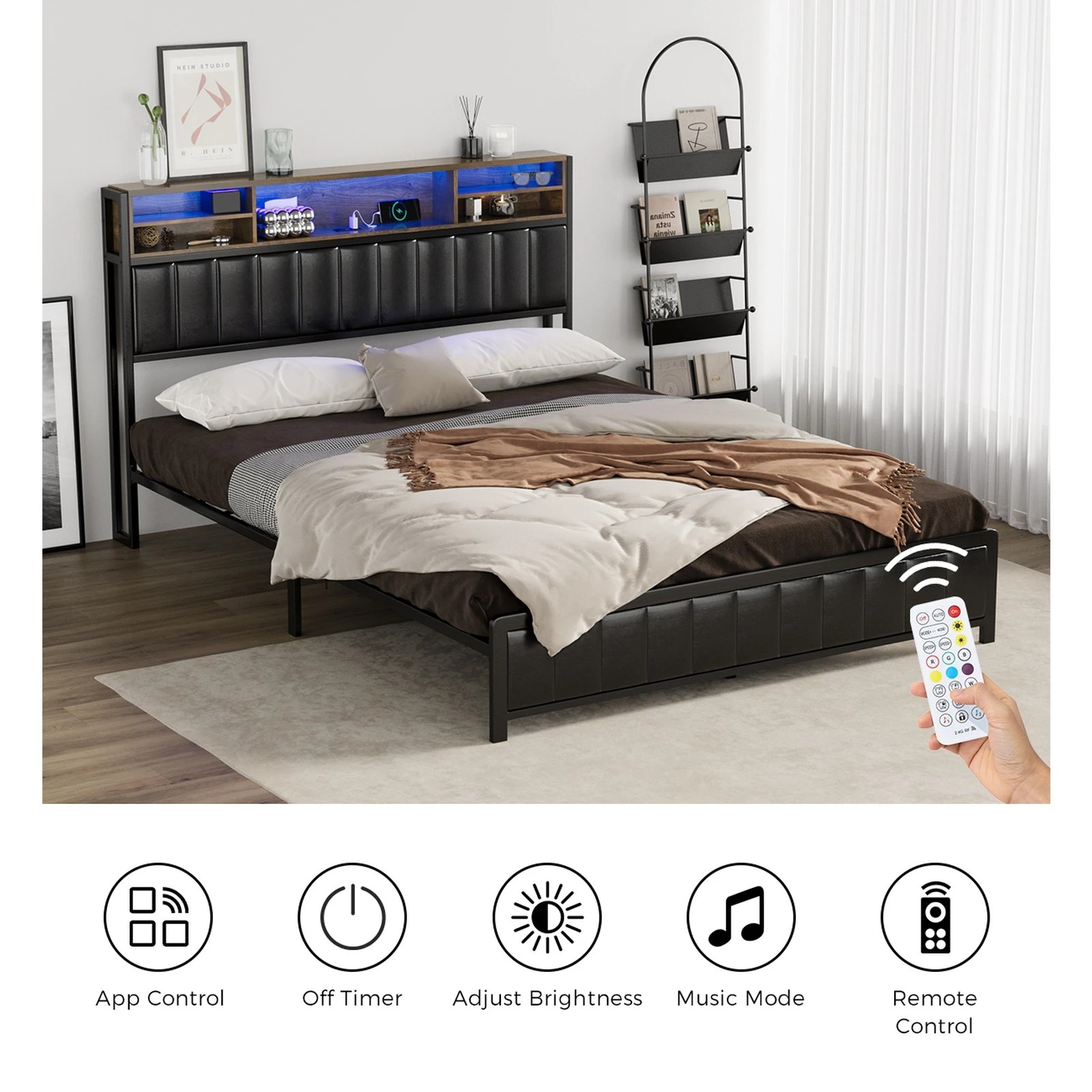 5 Oikiture Bed Frame Queen Size LED Storage Headboard With USB Charge - Black, 5 of 9