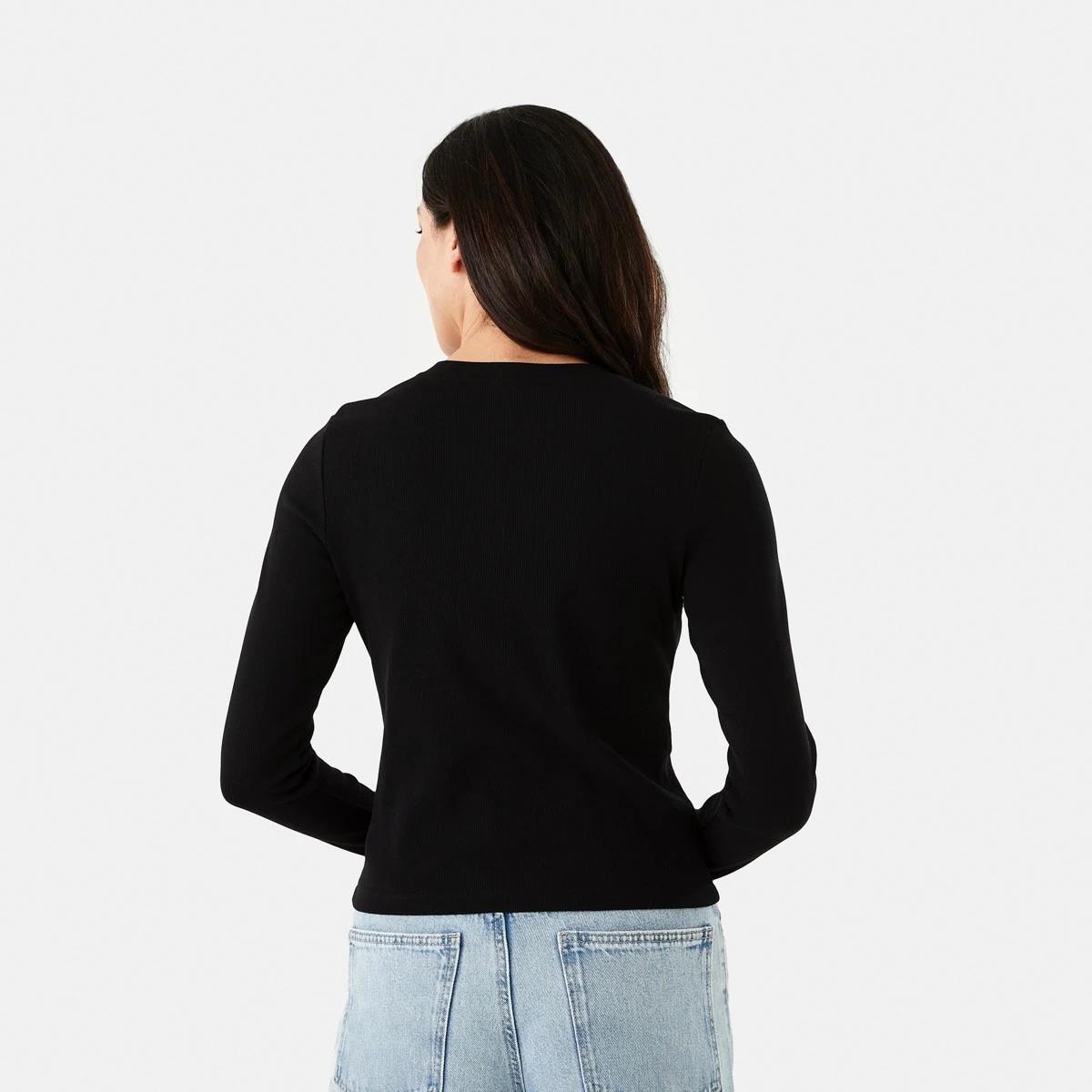 4 Long Sleeve Rib Button Front Top Black, 4 of 7