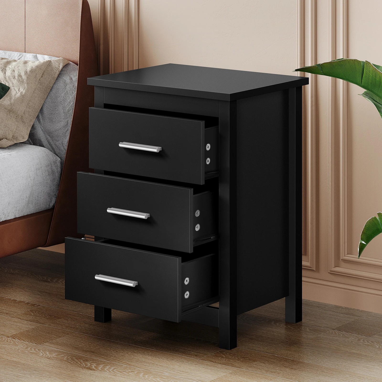 6 Alfordson 2x Bedside Table Hamo Nightstand Storage Side End 3 Drawers - Black, 6 of 10