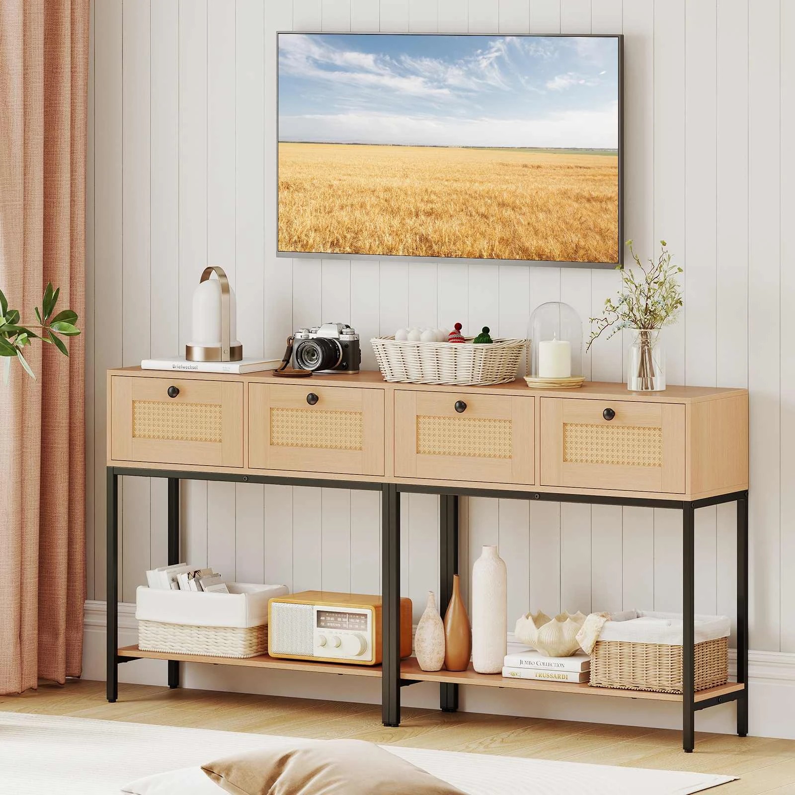 5 Costway 80cm 2-Tier Boho Console Table Wooden Hallway Sofa Table w/2-Drawer, 5 of 5