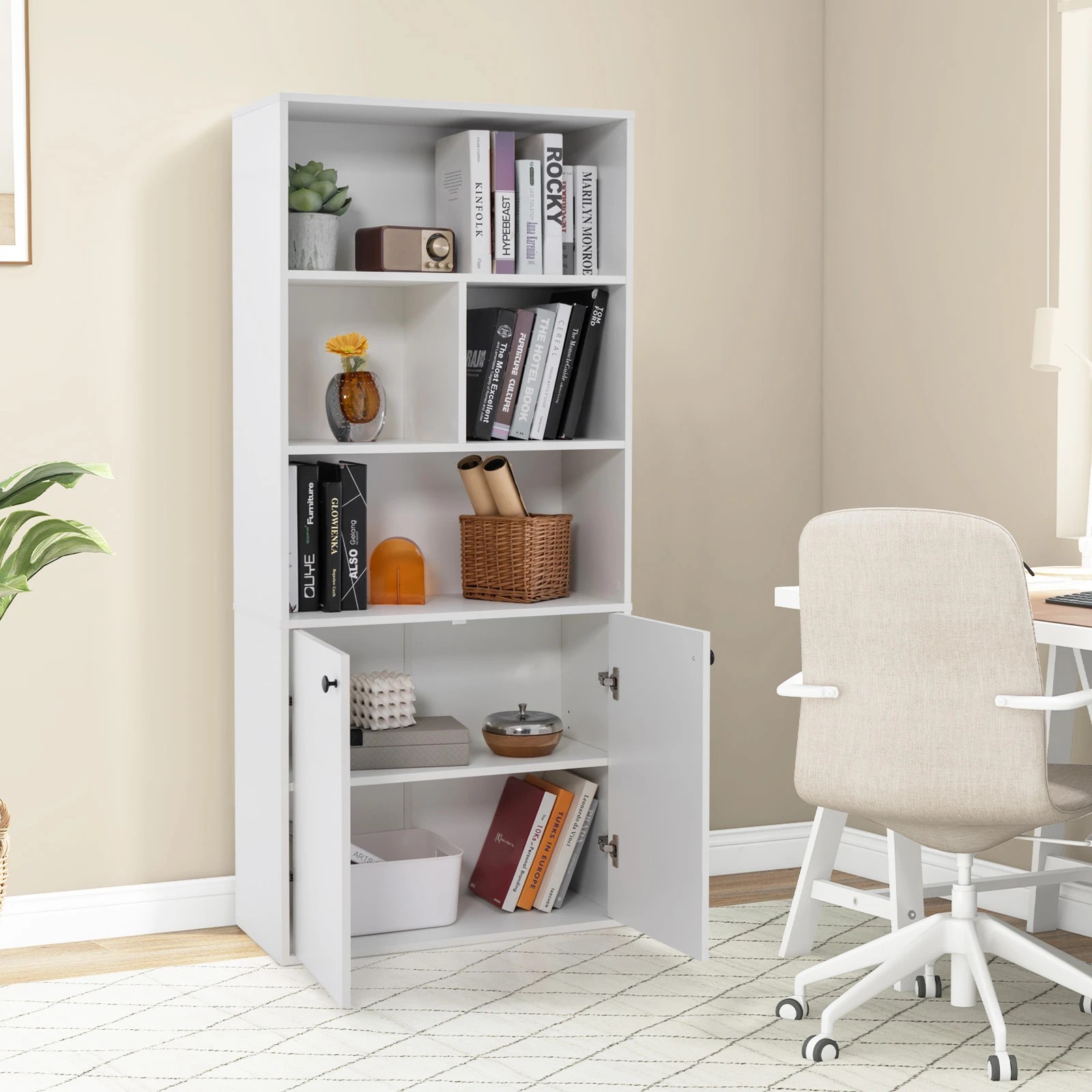 2 Costway Display Bookcase Cabinet 2 Door Tall Cupboard Adjustable Shelf Home Office - White, 2 of 4