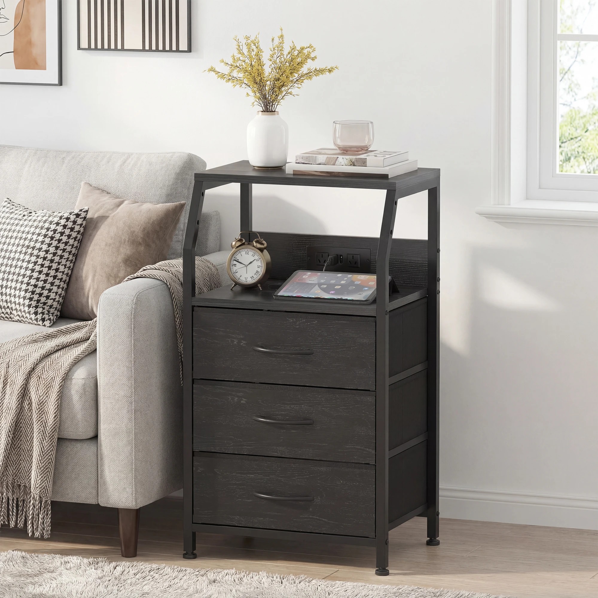 9 Advwin Bedside Table with Charging Station 3 Fabric Drawers Nightstand - Black, 9 of 10