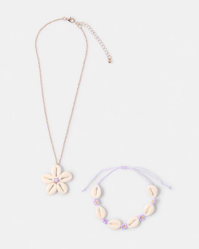 2 Piece Shell Necklace and Bracelet Set - Gold Tone, White and Pu