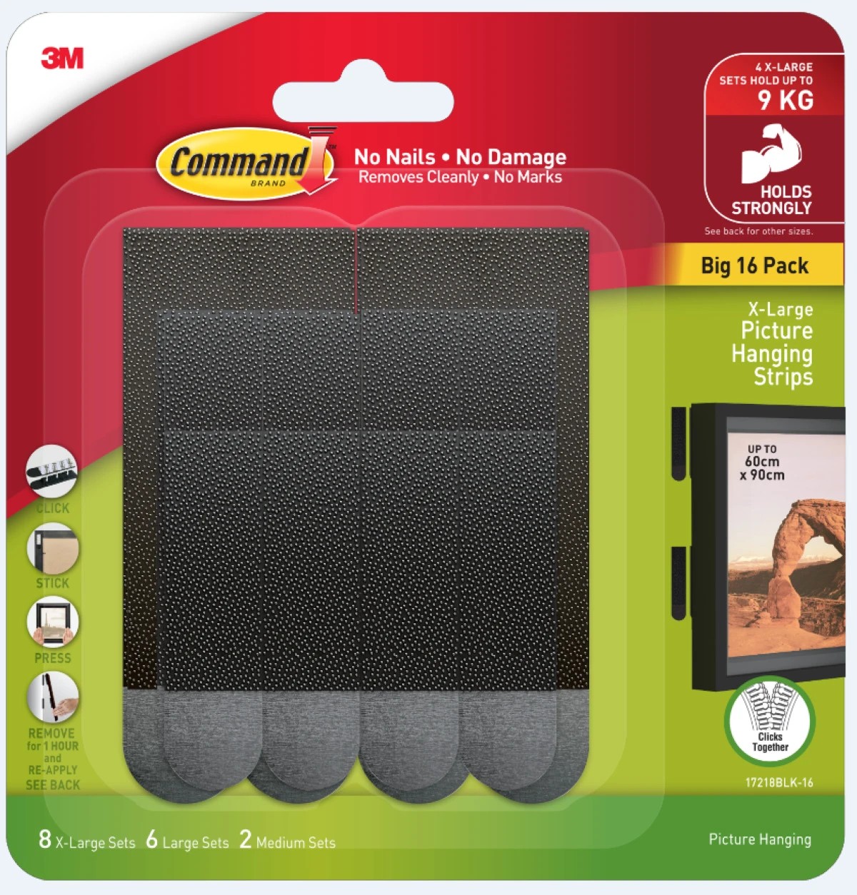 1 16 Pack 3M Command XL Picture Hanging Strips - Black, 1 of 6