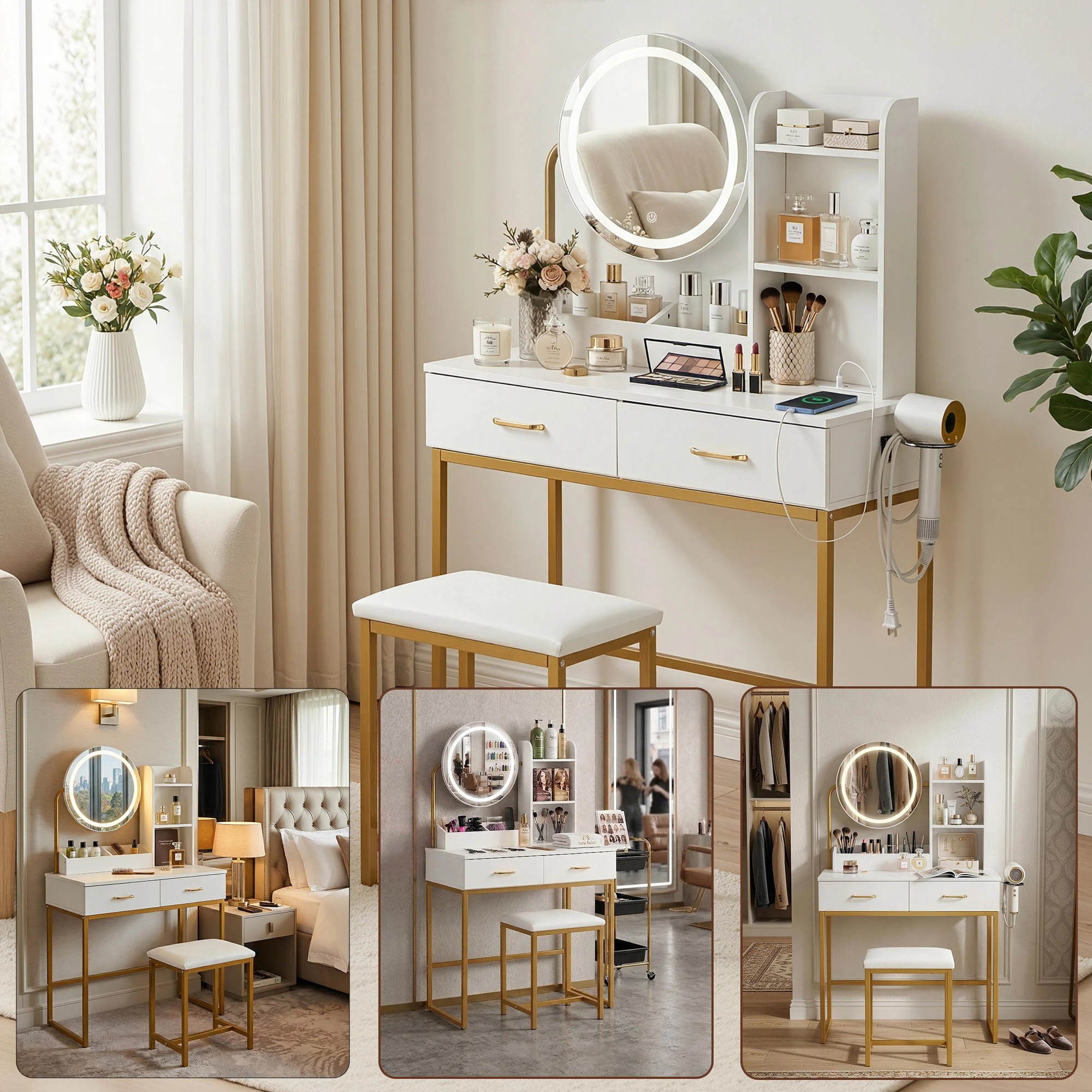 8 Artiss Dressing Table Charging Station LED Vanity Desk Set Stool Make up Mirror Storage Drawer - Multi, 8 of 9