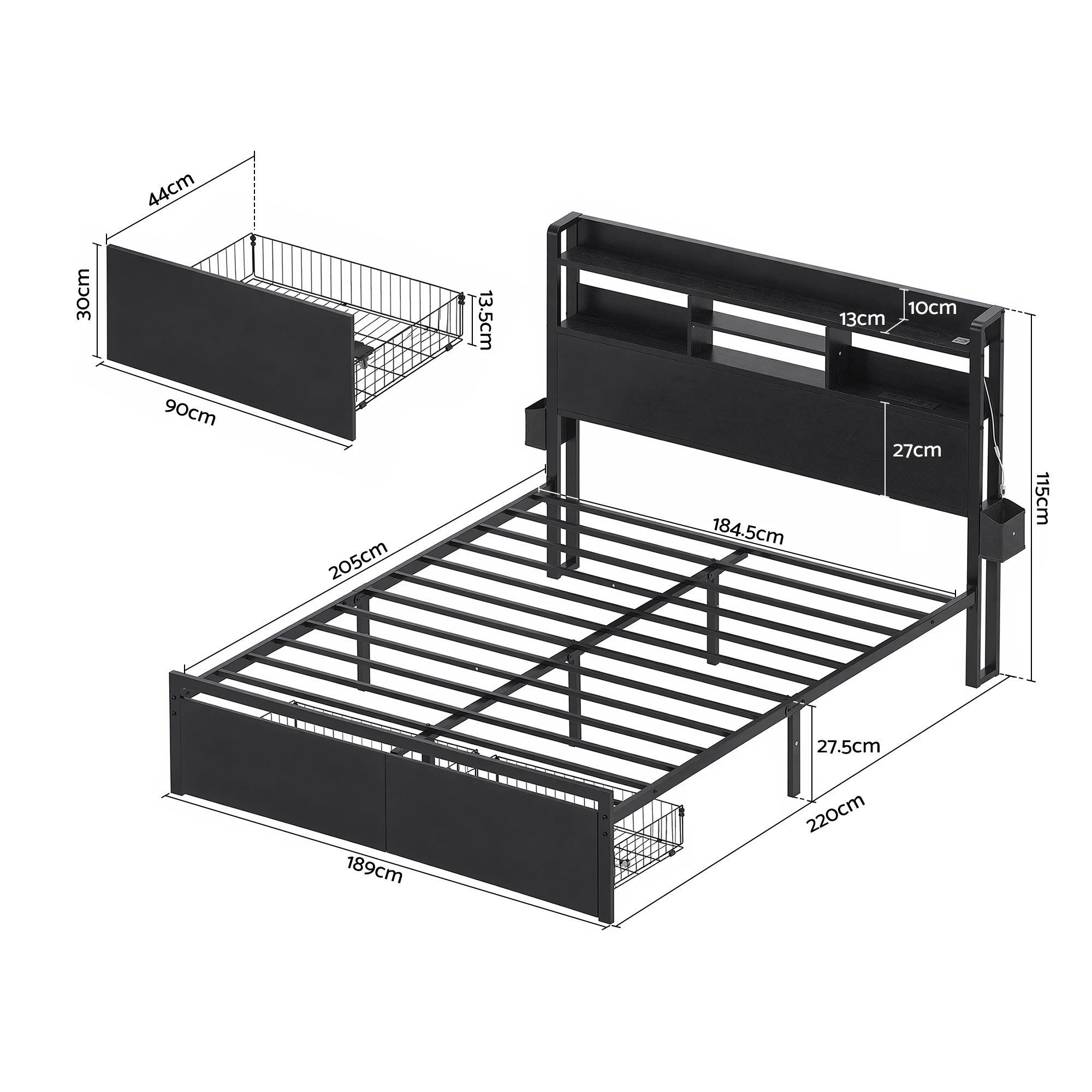 Artiss Bed Frame King with Charging Station Storage Organizer Drawers ...