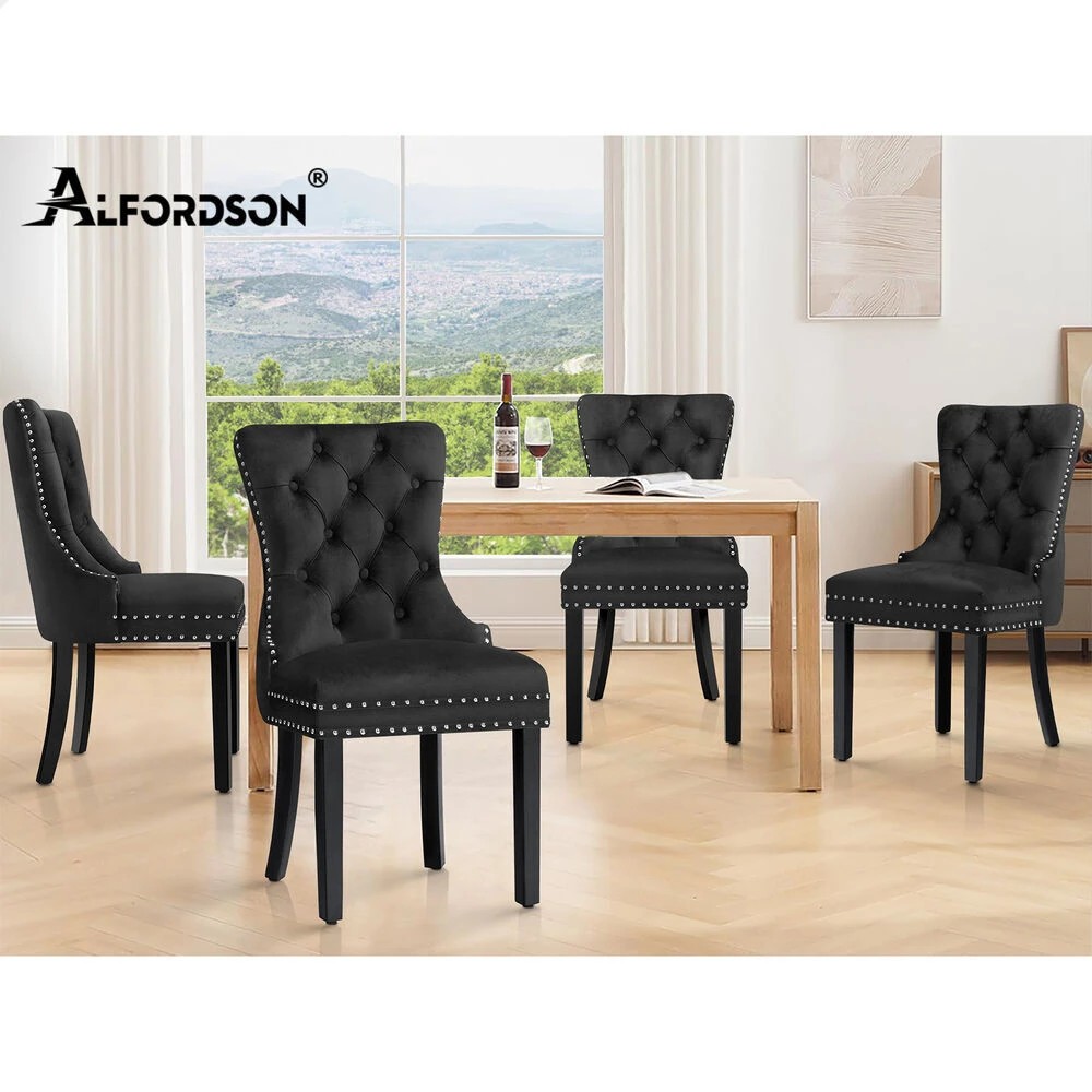 10 Alfordson 2x Dining Chair Kitchen Lounge Retro Button Tufted Wooden Velvet - Black, 10 of 10