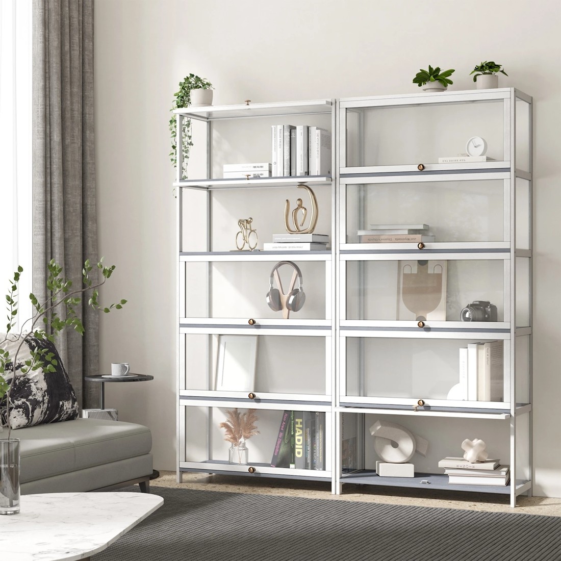 3 Oikiture Display Cabinet Storage 5-tier Shelves Clear Bookcase Stand Rack
 - White, 3 of 9