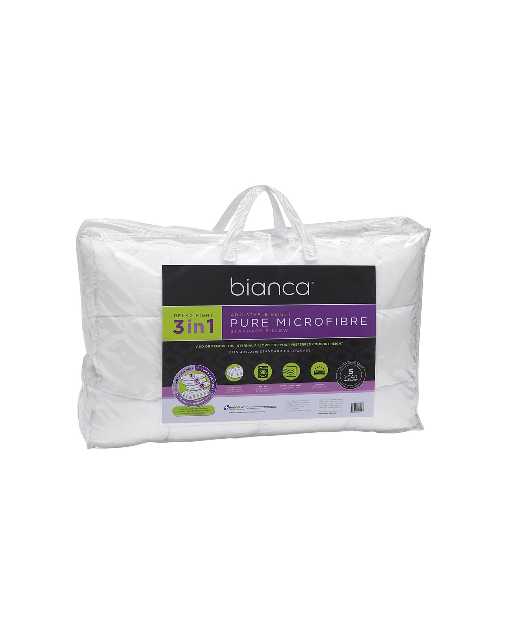 3 Bianca Relax Right 3in1 Pure Microfibre Pillow 49x72cm - White, 3 of 3