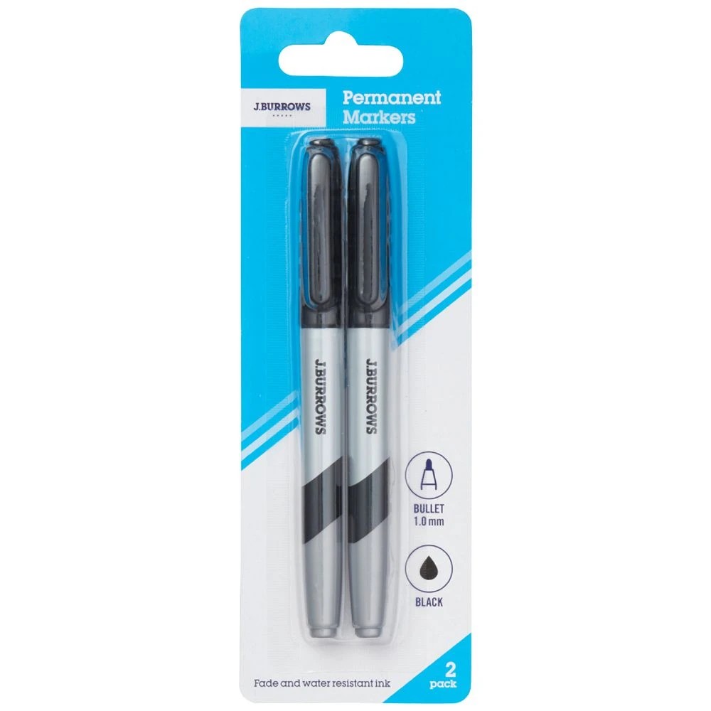 1 J.Burrows Permanent Markers 1mm Bullet Black 2 Pack, 1 of 2