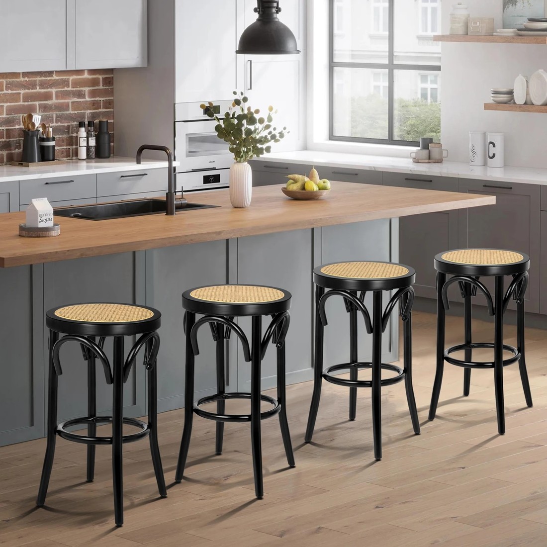 3 Alfordson 2x Bar Stools Kitchen Vintage Chair Rattan Mesh Seat Renata - Black, 3 of 10