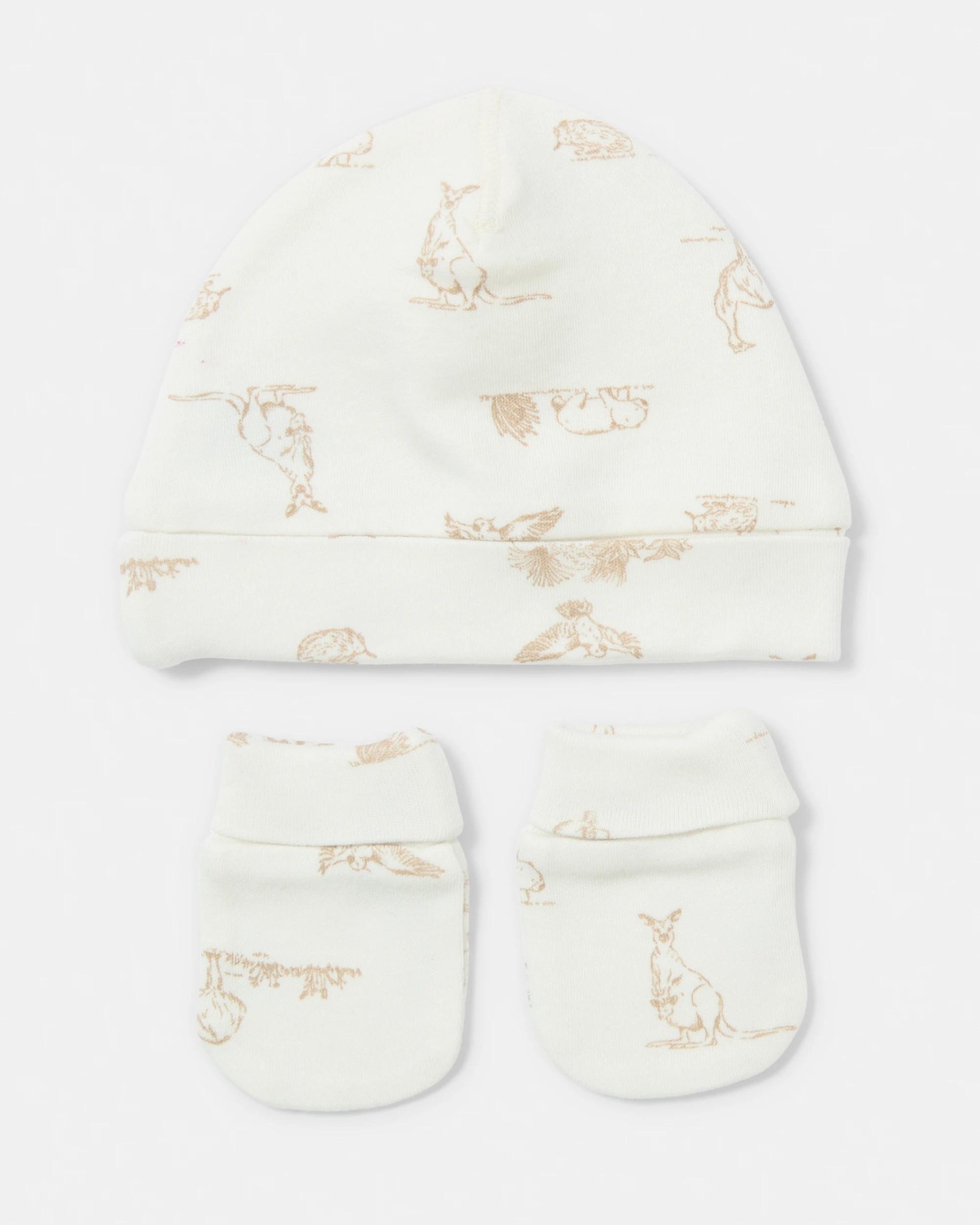 2 Newborn Hat and Mittens Set Brwn Aus, 2 of 8