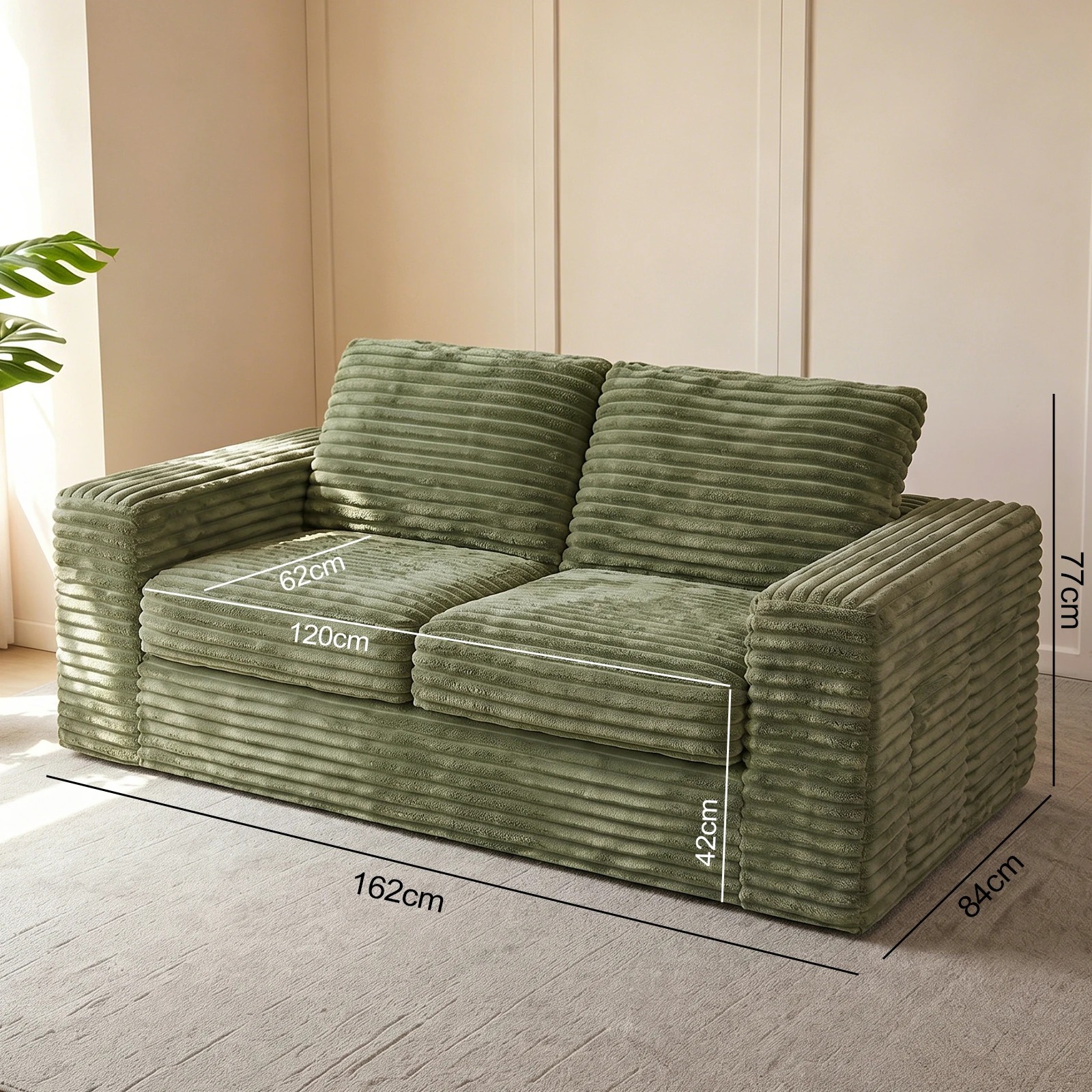 2 Advwin Loveseat Floor Sofa 162cm Wide-wale Corduroy Love Seat Couch - Green, 2 of 9
