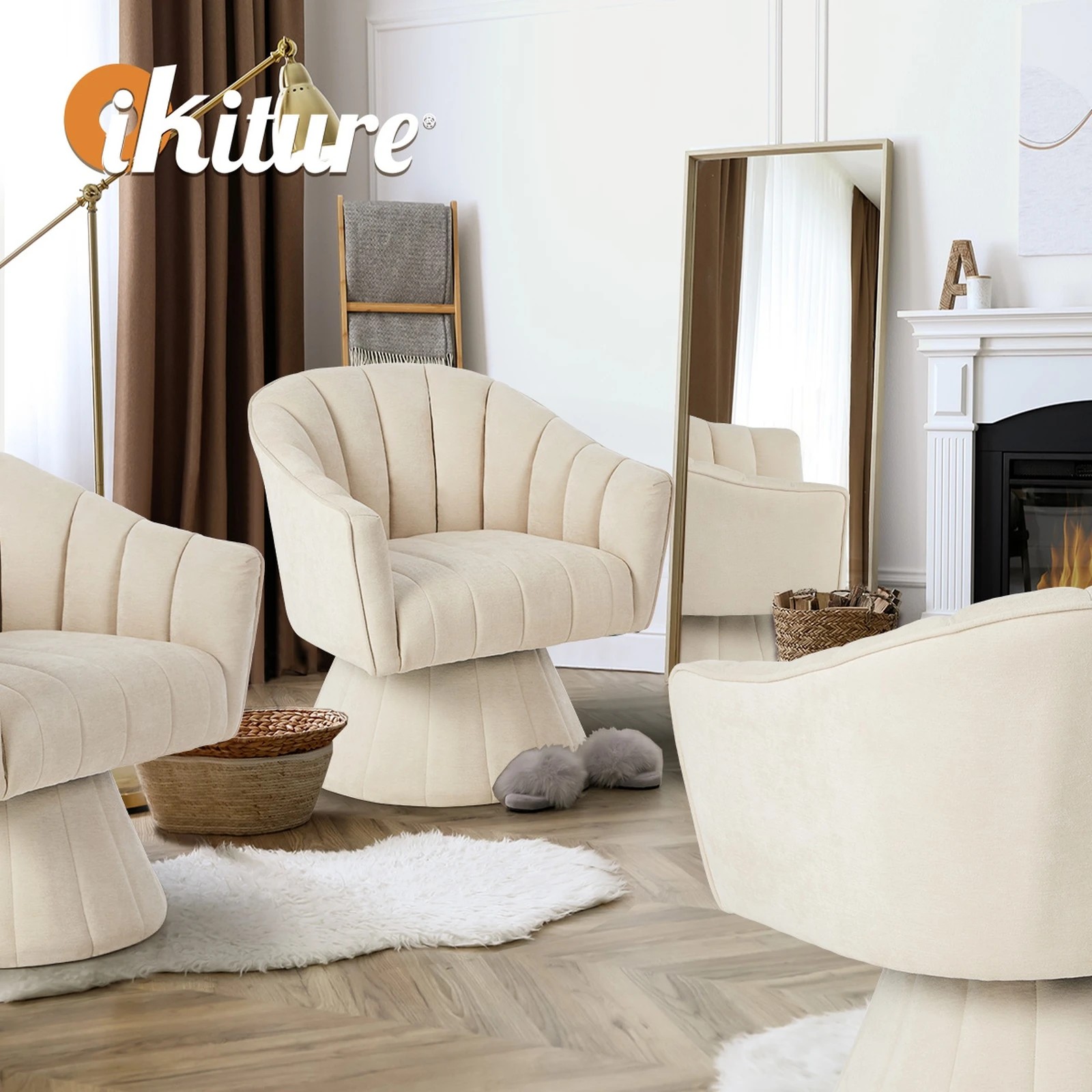 6 Oikiture 2x Swivel Armchair Linen Fabric Lounge Chair Accent Chair - Beige, 6 of 10