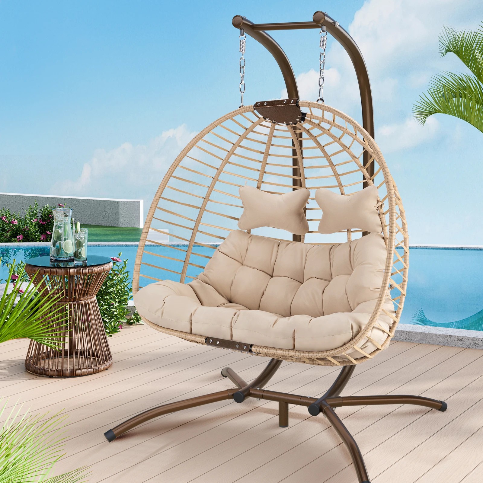 2 Alfordson Outdoor Egg Swing Chair 2 Seater Wicker Rattan Pod Hanging - Beige, 2 of 10