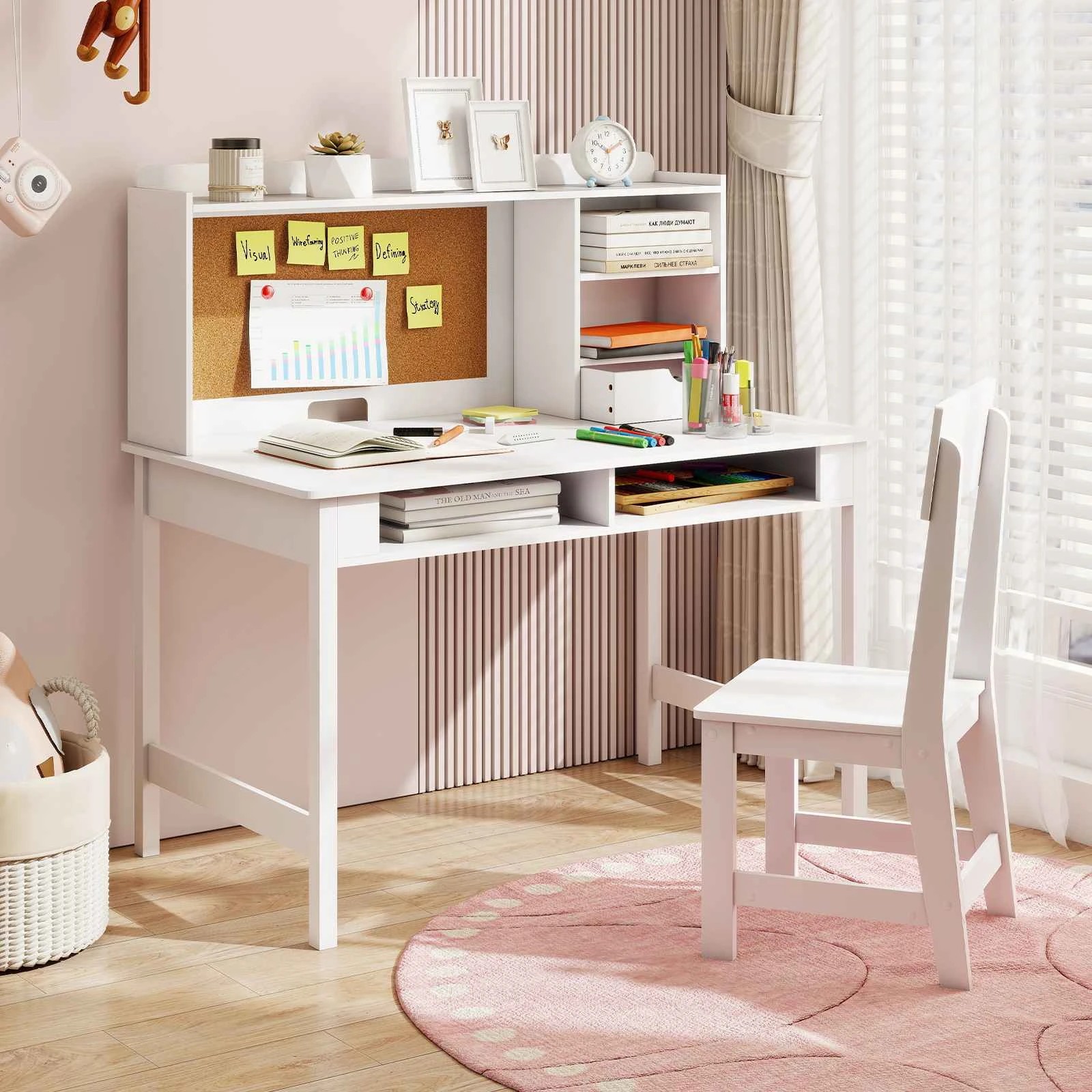 3 Costway Study Desk Chair Set Wooden Writing Table Cork Bulletin Board Computer Workstation - White, 3 of 3