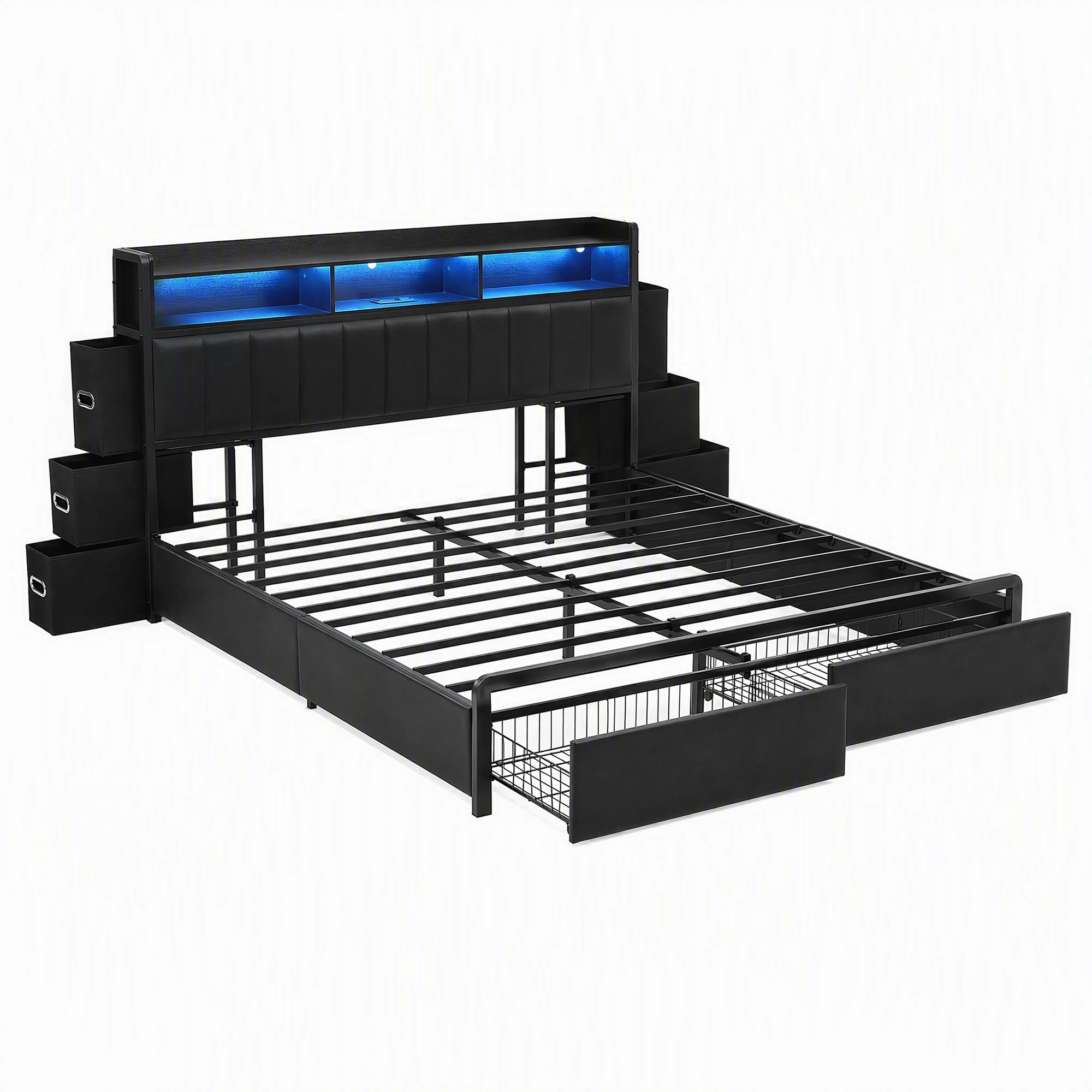 10 Artiss Bed Frame with Storage Headboard, 2 Drawers Charging Station LED Light - King Bed - Black, 10 of 10
