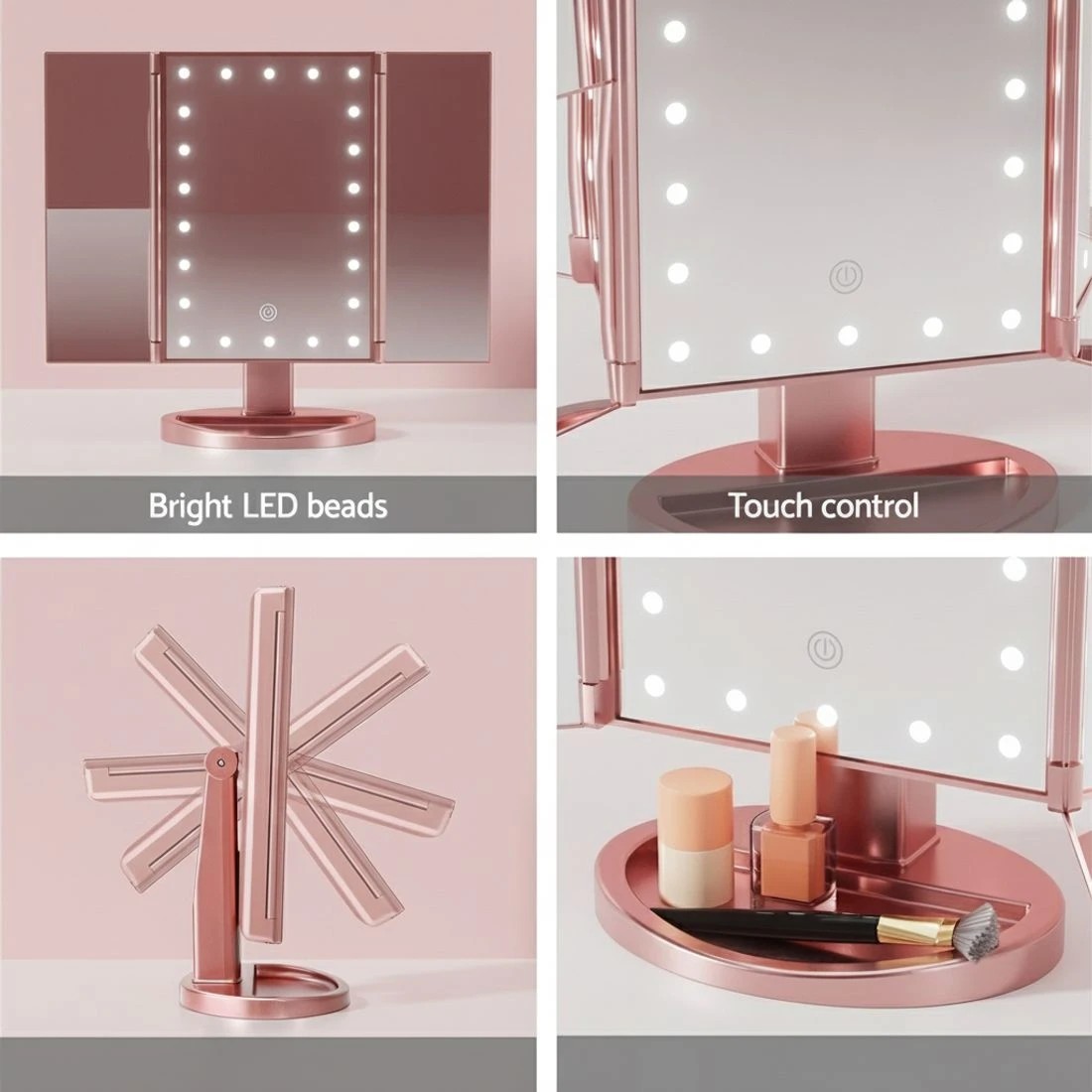 6 Embellir Tri-fold Makeup Mirror 1X2X3X Magnifying with LED Light Travel Portable - Pink, 6 of 6