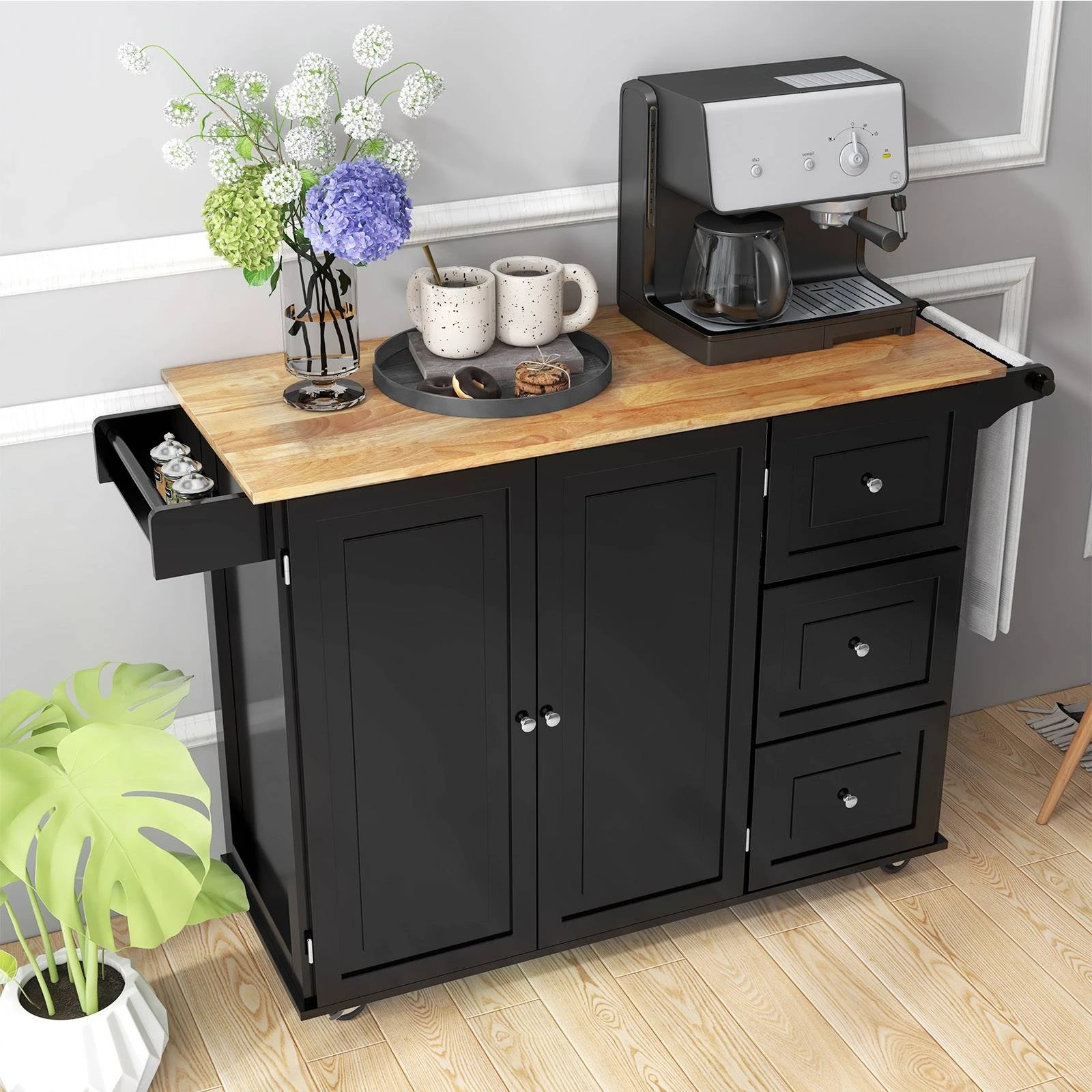 2 Costway Rolling Kitchen Island Sideboard Trolley Buffet Cart - Black, 2 of 3