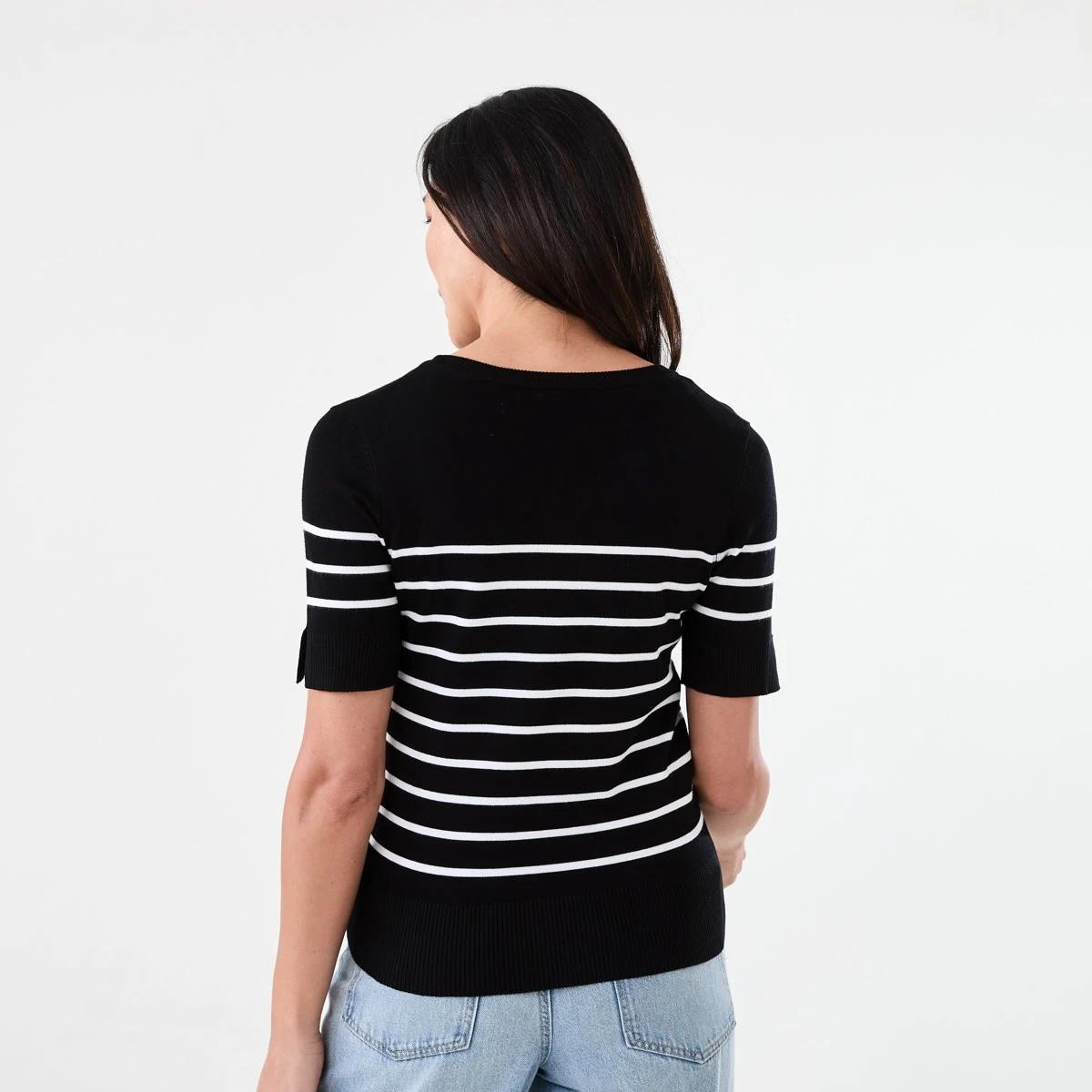 3 Short Elbow Sleeve Scoop Neck Top Ecru Strp, 3 of 6