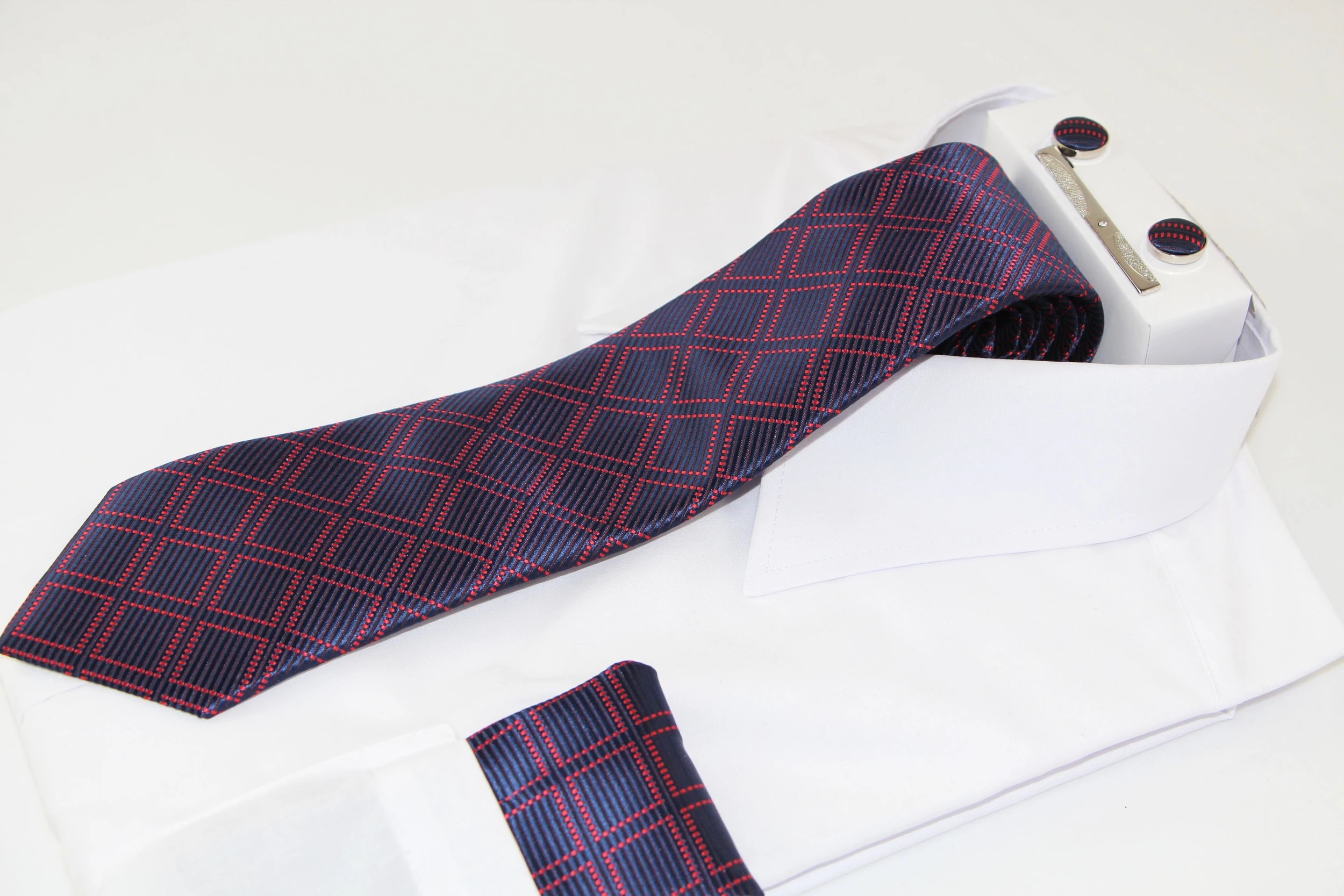 1 Zasel Mens Navy & Red Checkered Matching Neck Tie, Pocket Square, Cuff Links And Tie Clip Set - Multi, 1 of 3