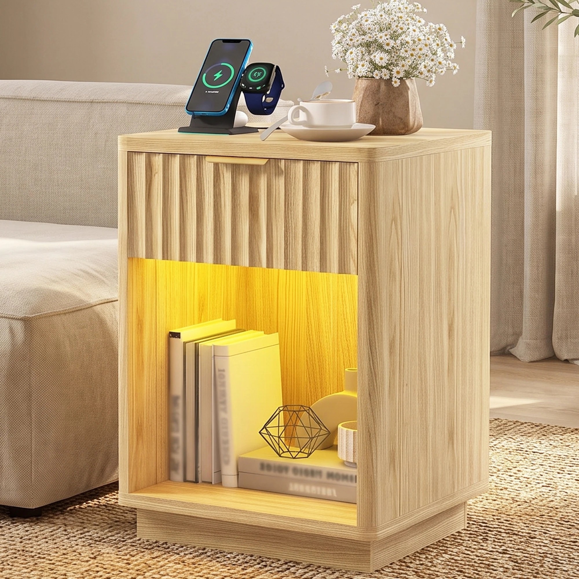 9 Advwin Fluted Wood Bedside Table with LED Light Charging Station Drawer & Shelf - Natural, 9 of 9