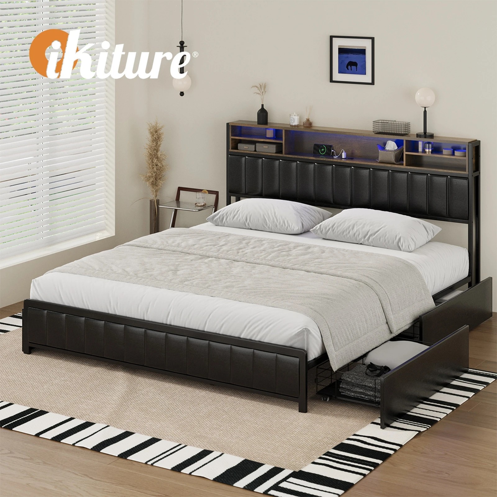 8 Oikiture Bed Frame King Size LED Storage Headboard USB Charge 4 Drawers - Black, 8 of 9
