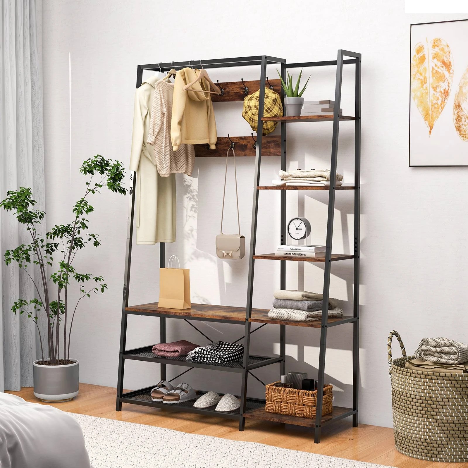 2 Costway Industrial Coat Rack Shoe Bench w/Open Storage Shelf Wardrobe Entryway Hallway Rack - Brown, 2 of 7