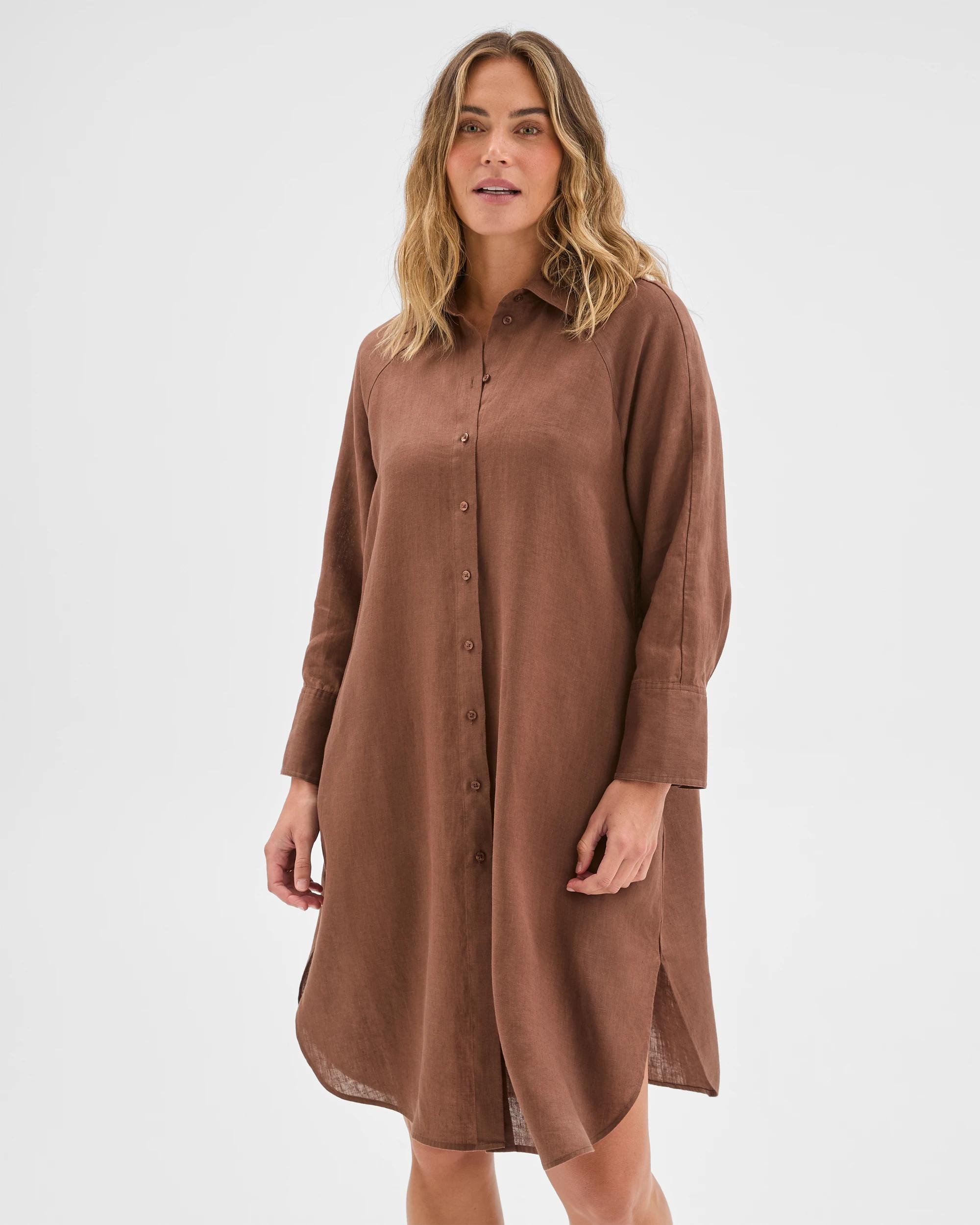 1 Target Woman European Linen 3/4 Sleeve Midi Shirt Dress WARM BROWN, 1 of 6