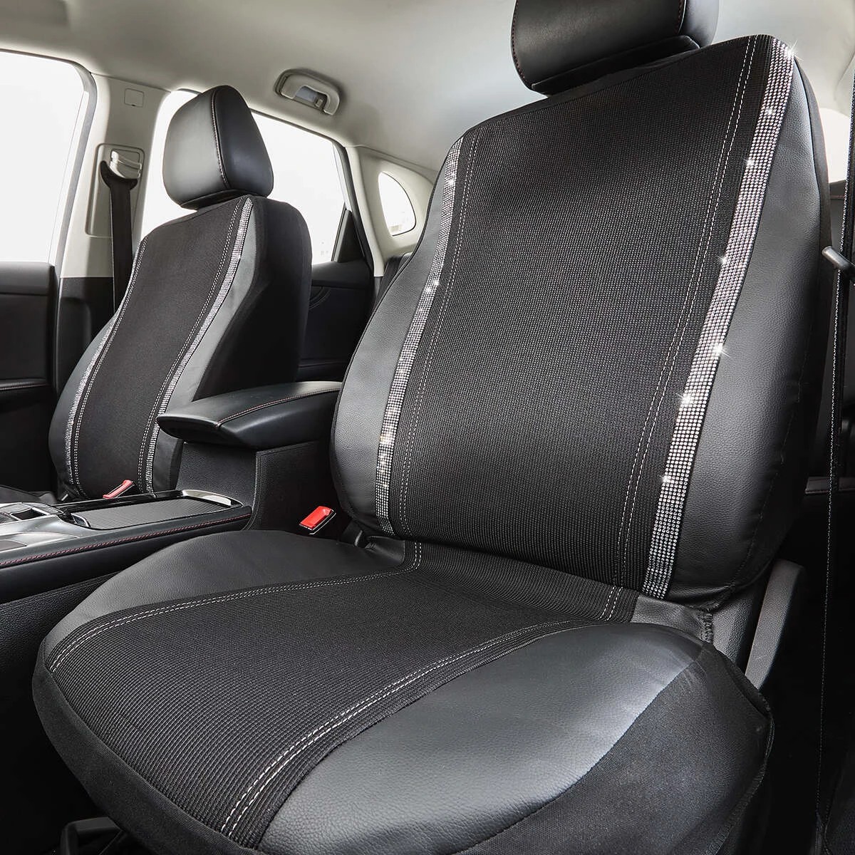 1 2 Pack Front Diamante Seat Covers - Black and Silver Look, 1 of 6