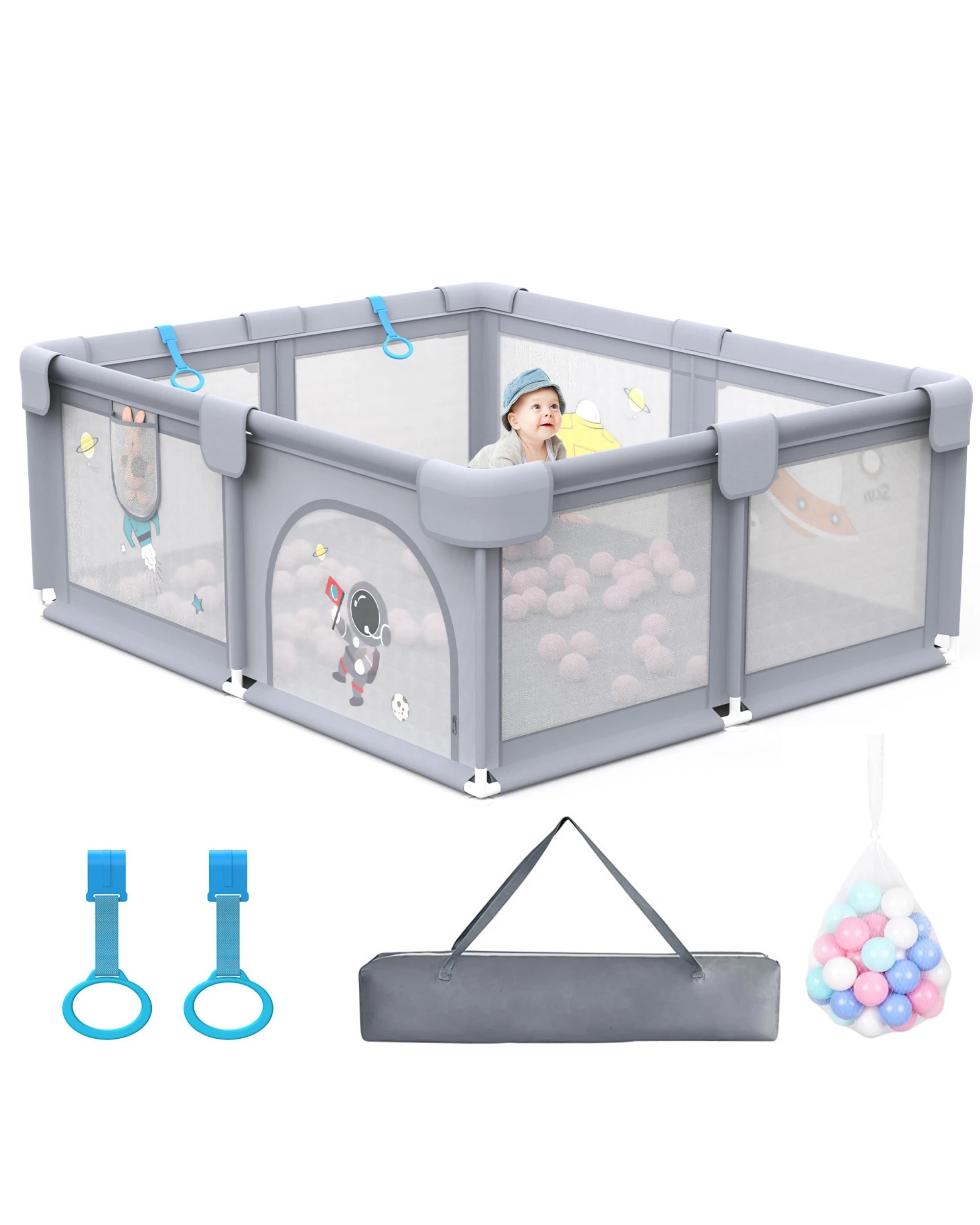1 Advwin 155x 185cm Large Baby Playpen with Anti-Slip Base 2 Pull Ring - Grey, 1 of 4