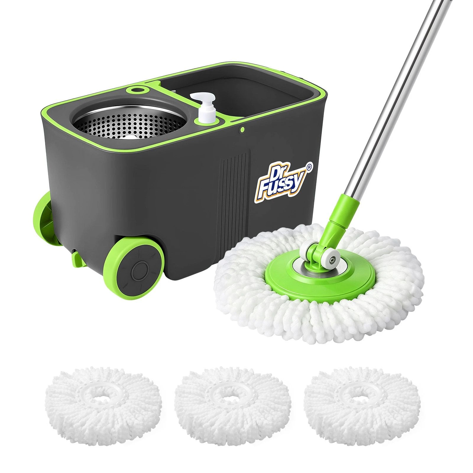 Dr Fussy 11L Spin Mop and Bucket with Wheels, 4 Microfibre Heads 360 ...