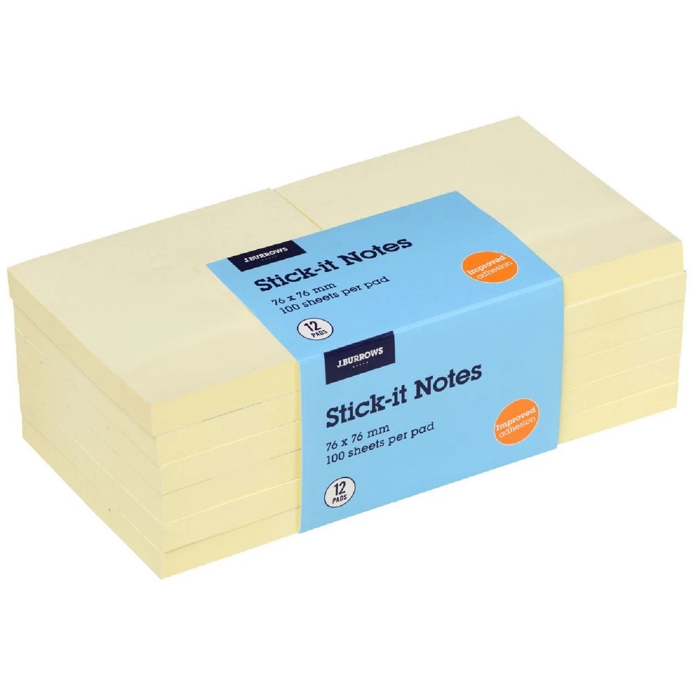 1 J.Burrows Stick-It Notes 76x76mm Yellow 12 Pack, 1 of 3