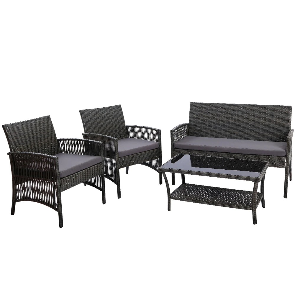1 Gardeon 4PCS Outdoor Sofa Set Wicker Harp Chair Table Patio Furniture - Grey, 1 of 6