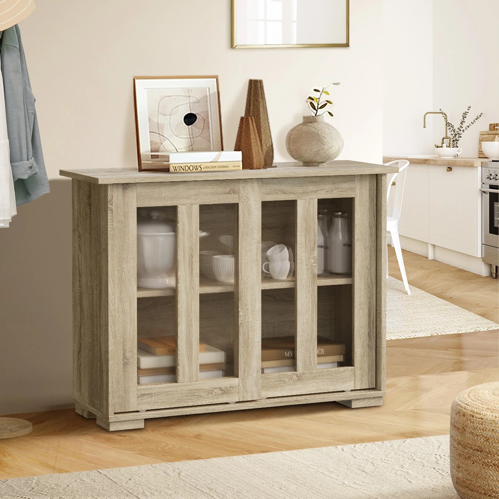 3 Oikiture Sideboard Buffet Cabinet Cupboard Glass Sliding Door
 - Natural, 3 of 10