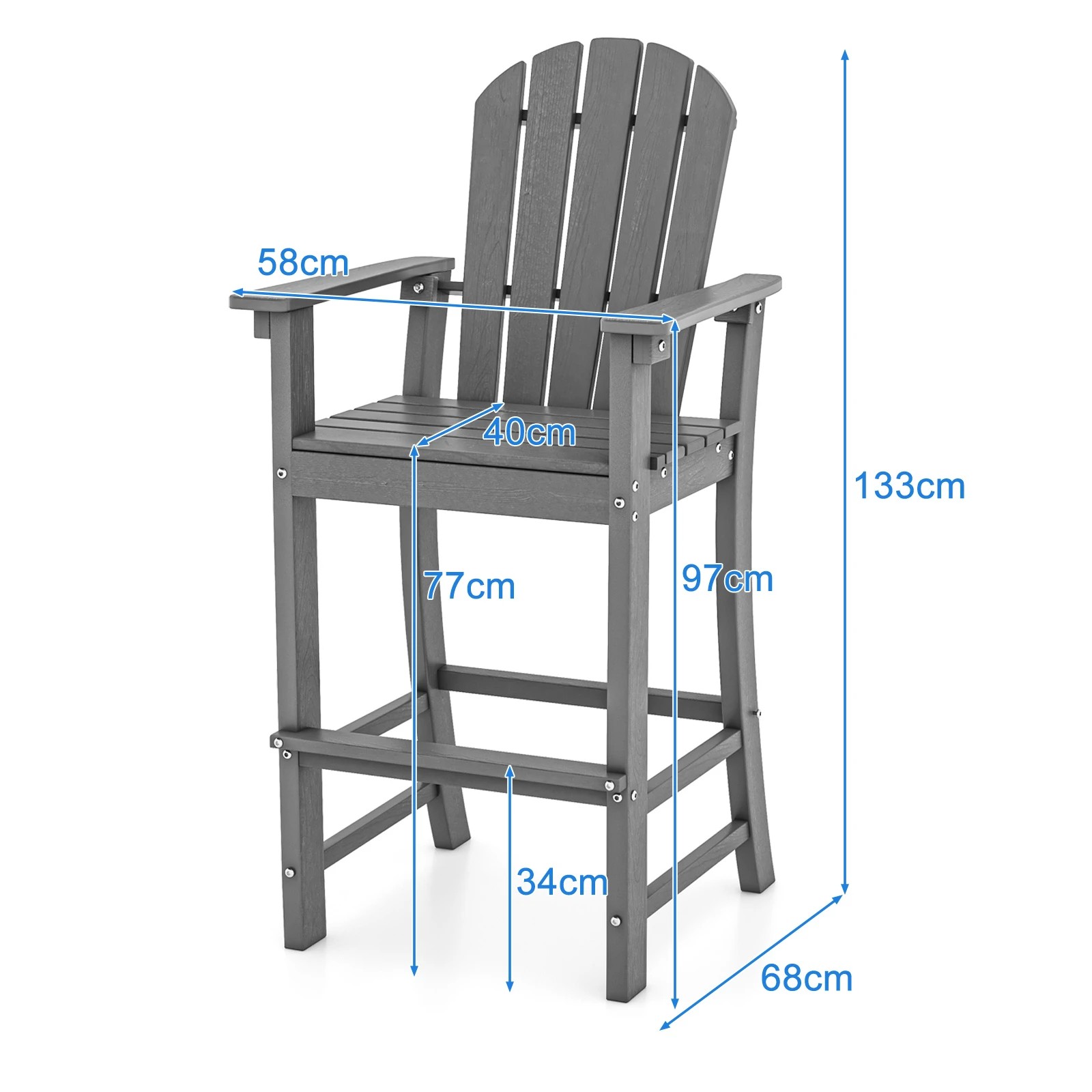 2 Costway 1.33M Tall HDPE Bar Stool Outdoor Adirondack Chair w/Footrest, 2 of 3