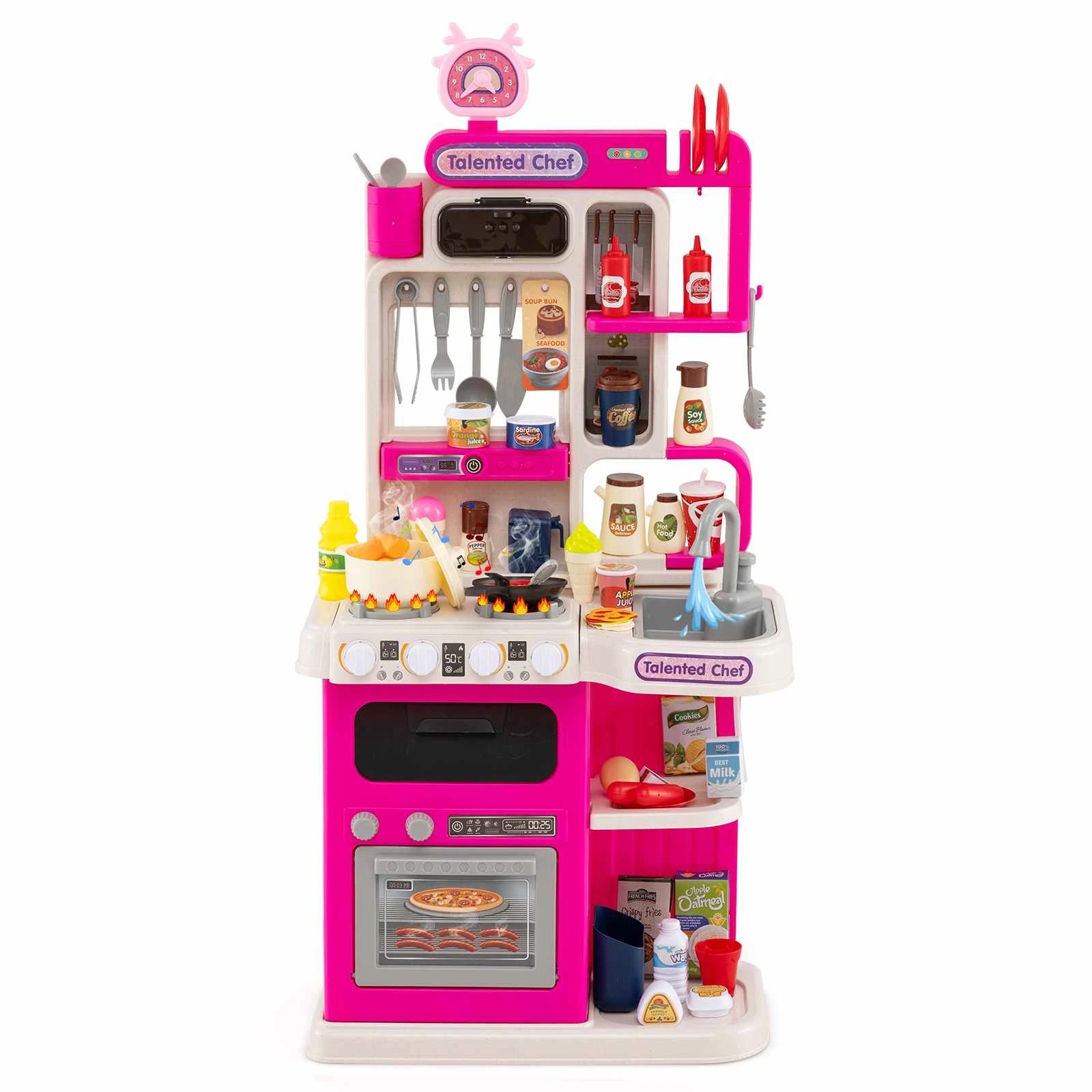 1 Costway 95PCS Kitchen Playset Corner Role Play Kitchen w/Sound Light - Pink, 1 of 1