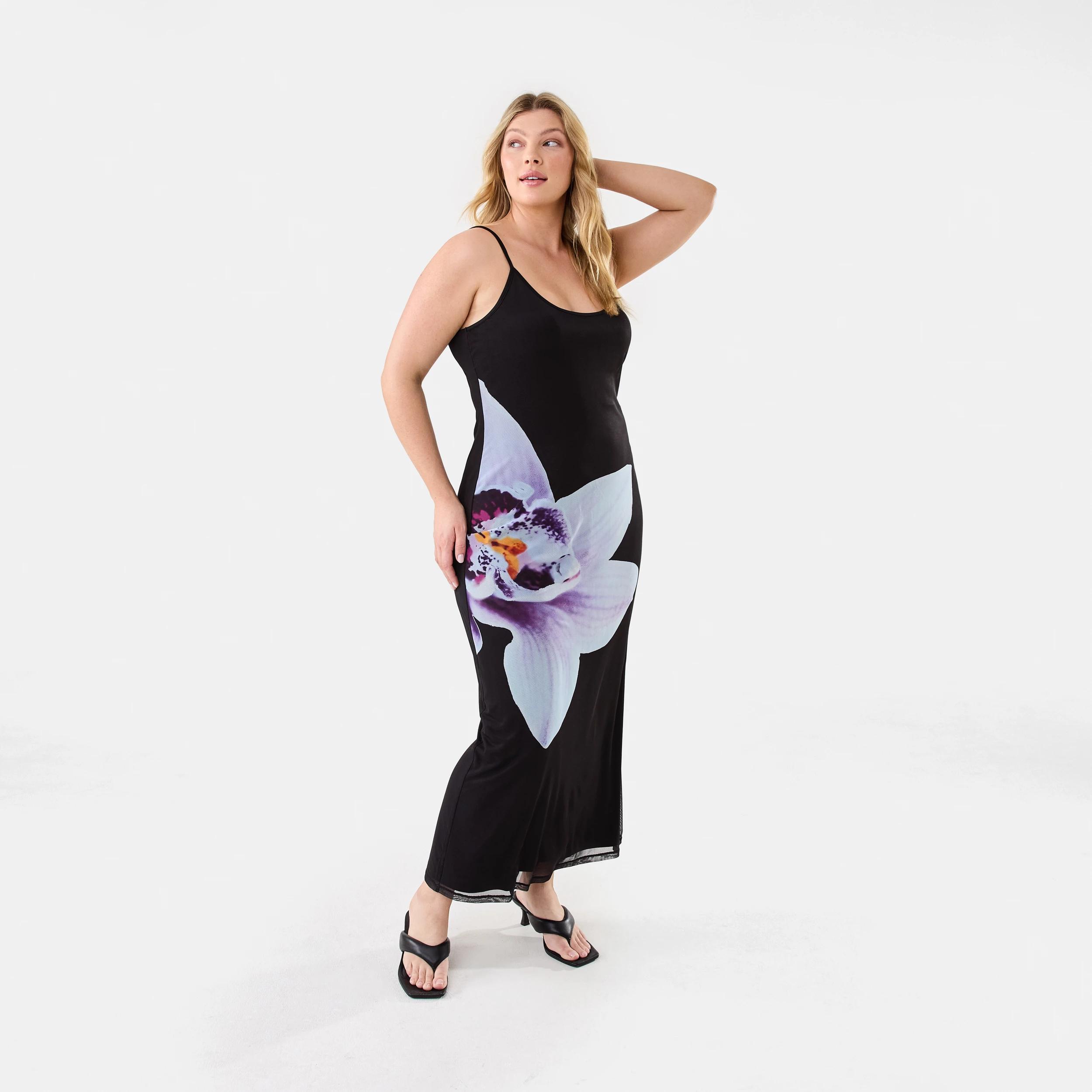 4 Sleeveless Mesh Print Maxi Dress Blk Orchid, 4 of 10