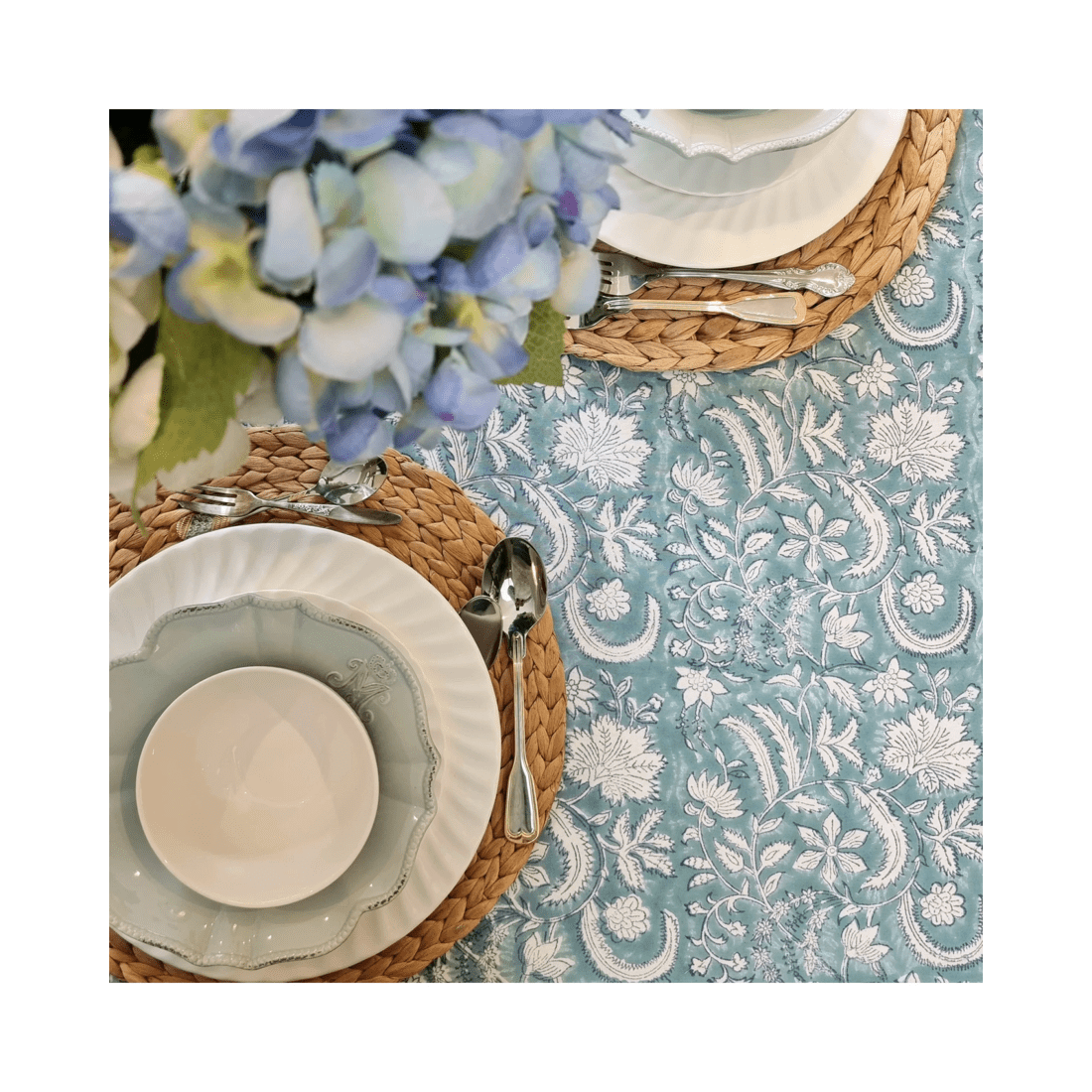 2 Kolka Poppy Hand Block-Printed and Screen-Printed Textiles Tablecloth - Blue, 2 of 6