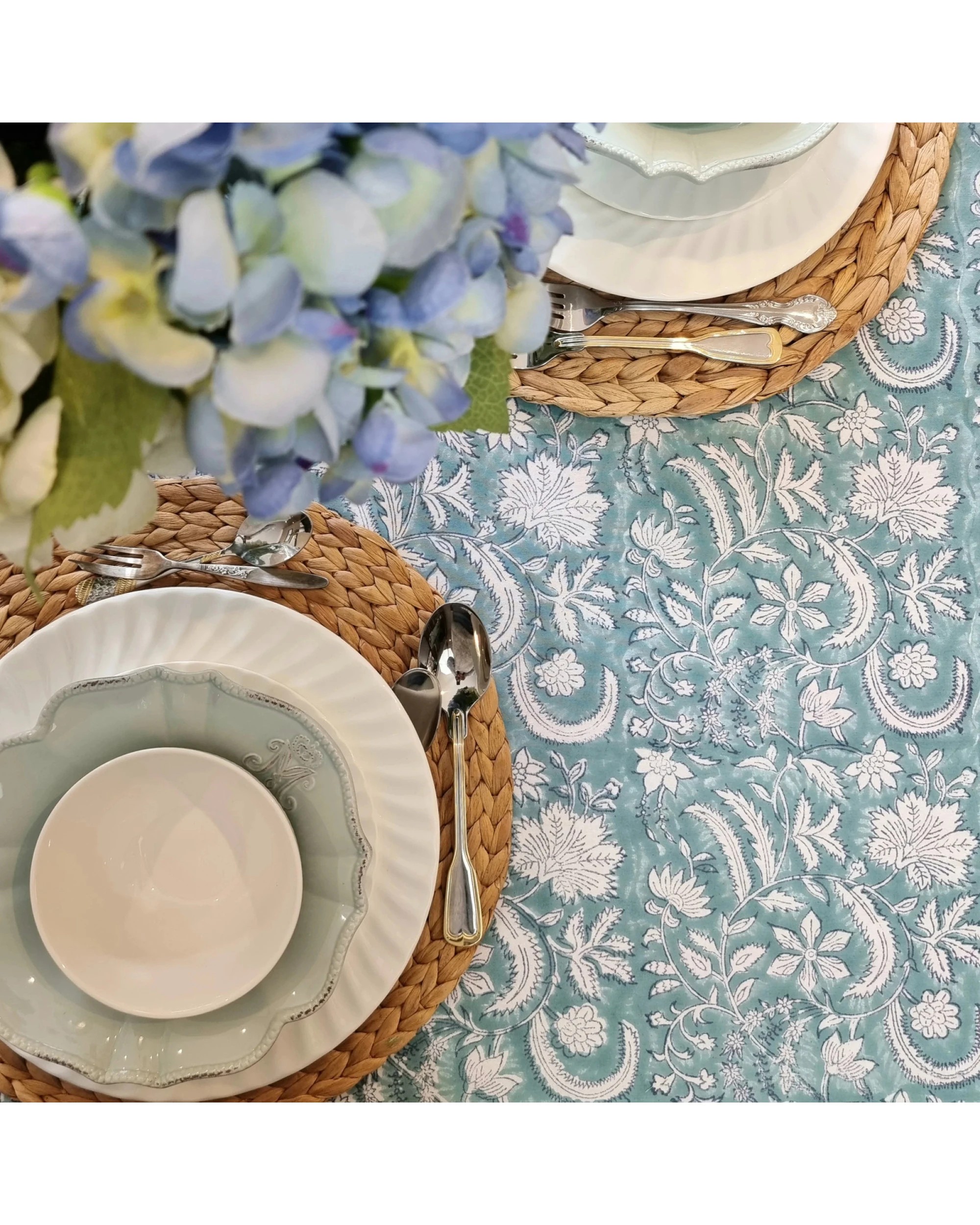 2 Kolka Poppy Hand Block-Printed and Screen-Printed Textiles Tablecloth - Blue, 2 of 5