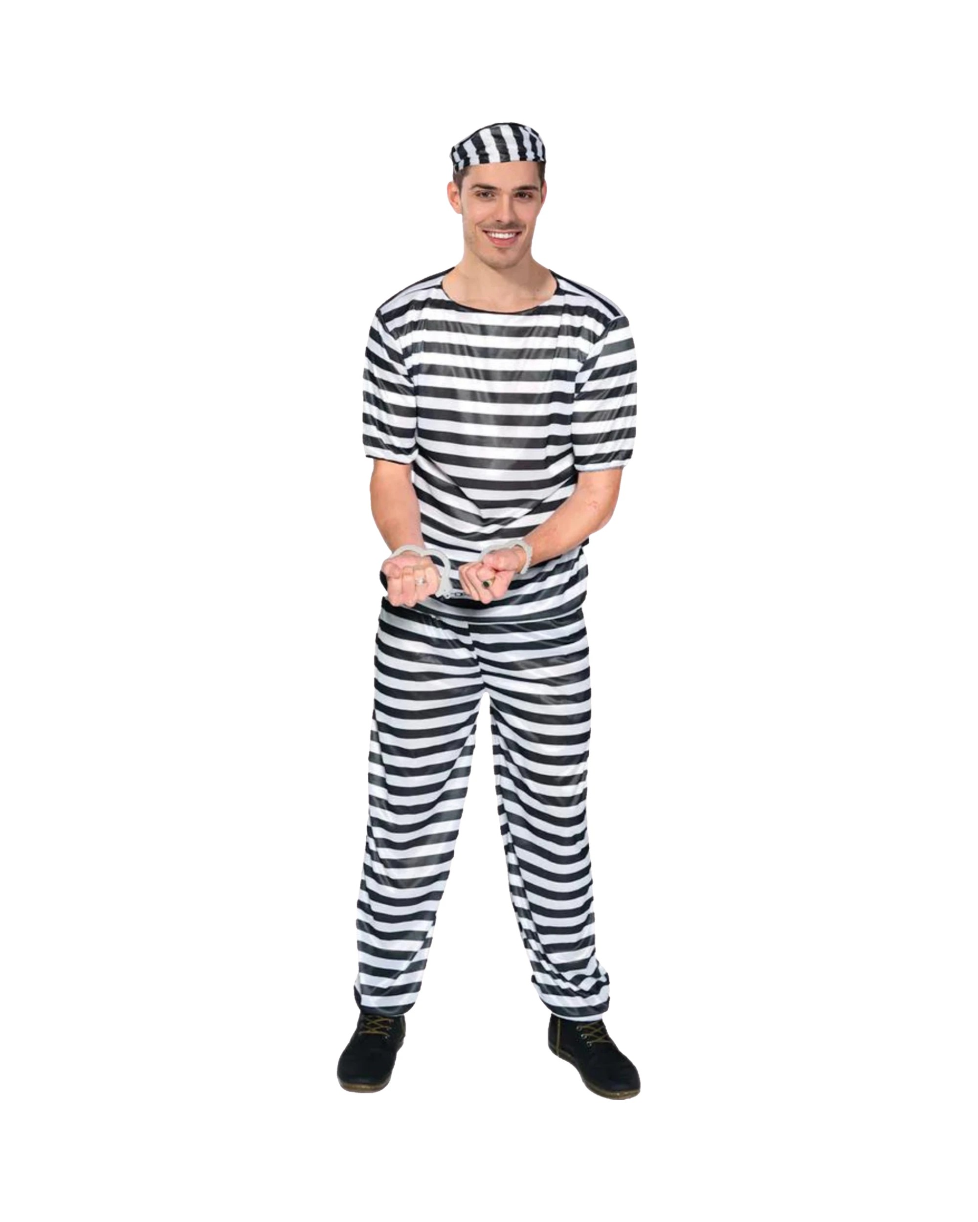 1 Partyrama Black and White Stripe Adult Prisoner Costume - One Size - White, Black, 1 of 3