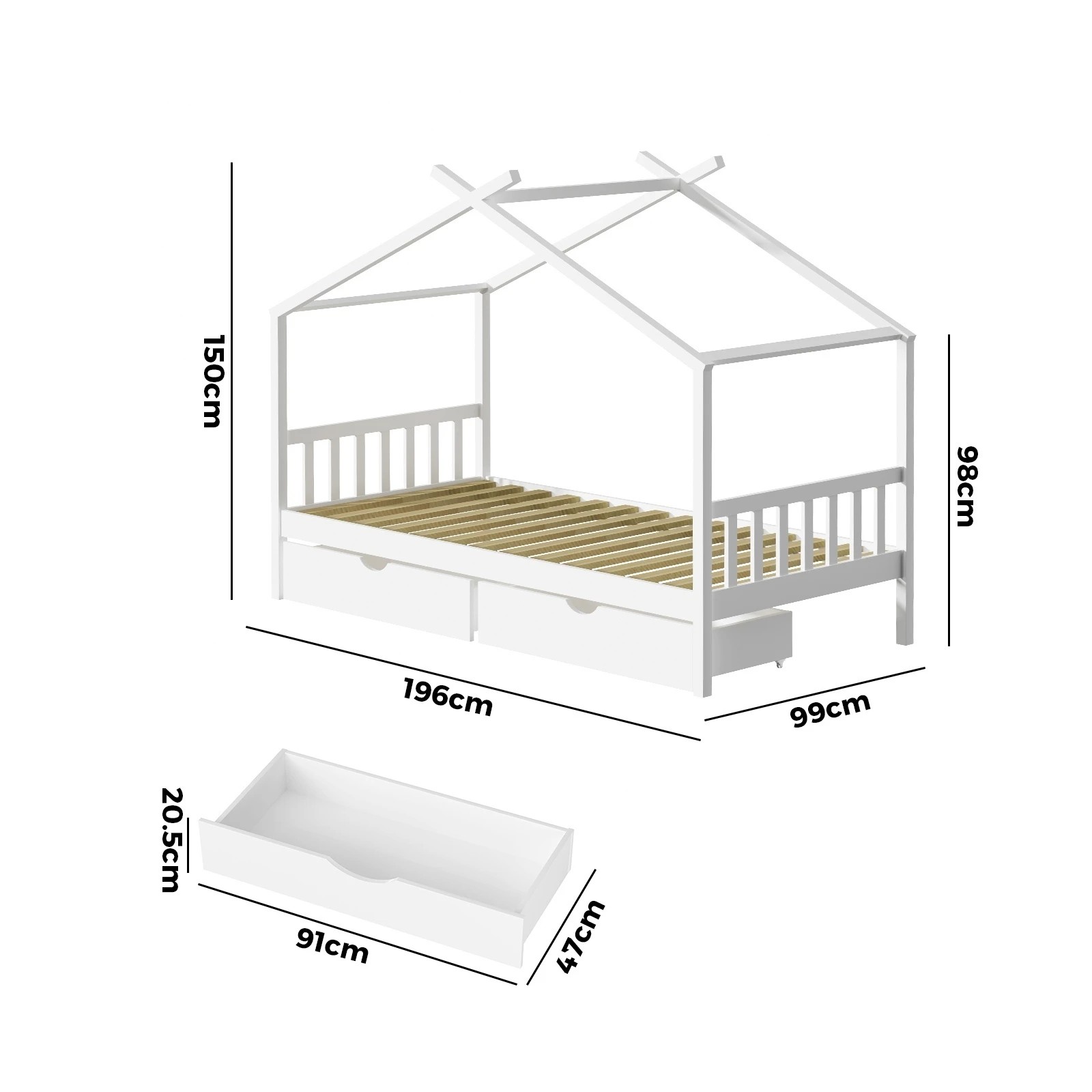 4 Oikiture Bed Frame Wooden Single Size Timber House Frame Storage Drawers
 - White, 4 of 10