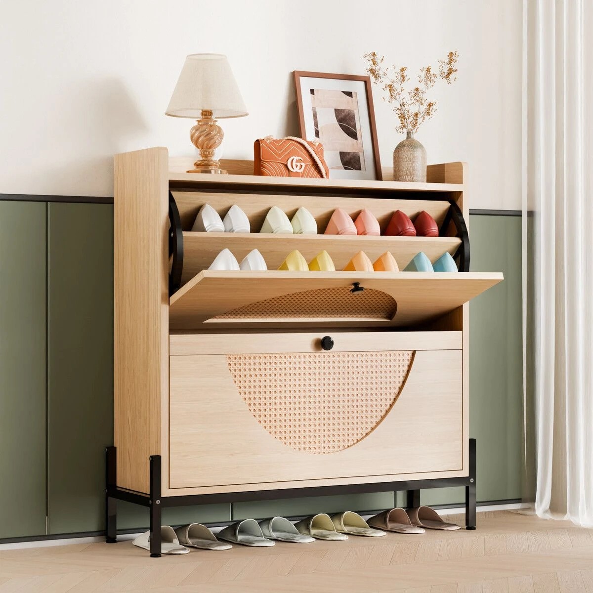 2 LUXSUITE Oak Shoe Rack Cabinet Rattan Drawers Wooden Storage Cupboard Slim Narrow Footwear Organiser Shelf Metal Legs, 2 of 6